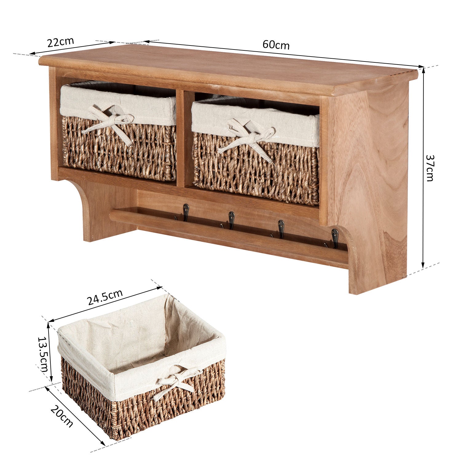 HOMCOM Entryway Coat Rack Wall Mounted Shelf w/ 2 Corn Husk Baskets and Hooks, Brown