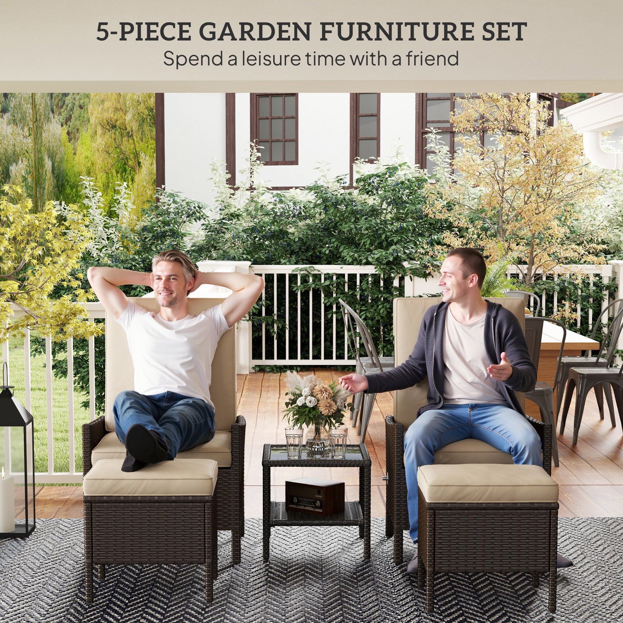 Outsunny 5 Piece Rattan Garden Furniture Set, Wicker Patio Sofa Set with 2 Armchairs, 2 Footstools, Glass Top Coffee Table with Shelf, Outdoor Furniture with Adjustable Backrests, Cushions, Khaki