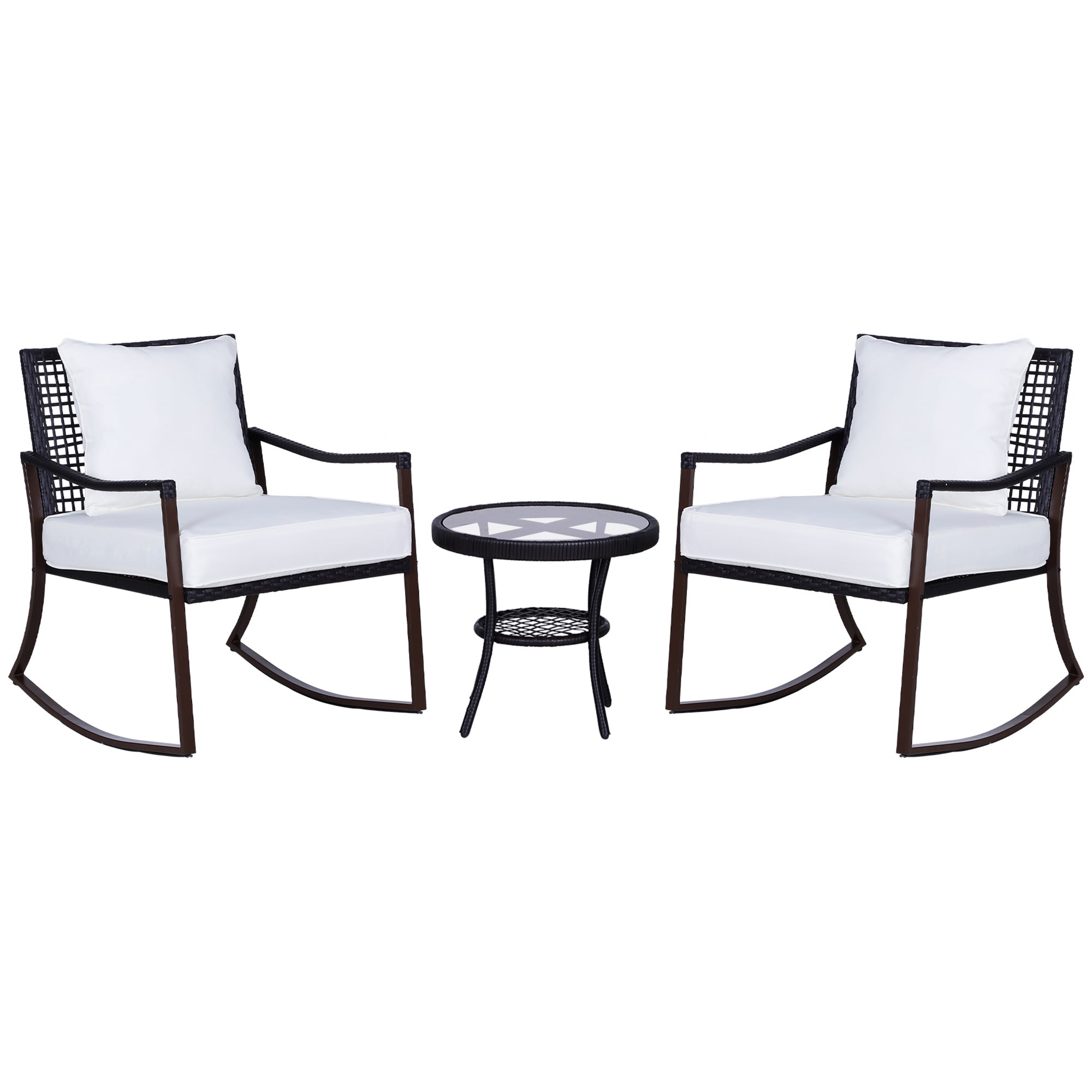 Outsunny Rattan Bistro Set, 3 Pieces Wicker Garden Furniture Set with Rocking Chairs and Round Glass Top Coffee Table, Small Balcony Furniture with Cushions for Outdoor, Porch, Brown