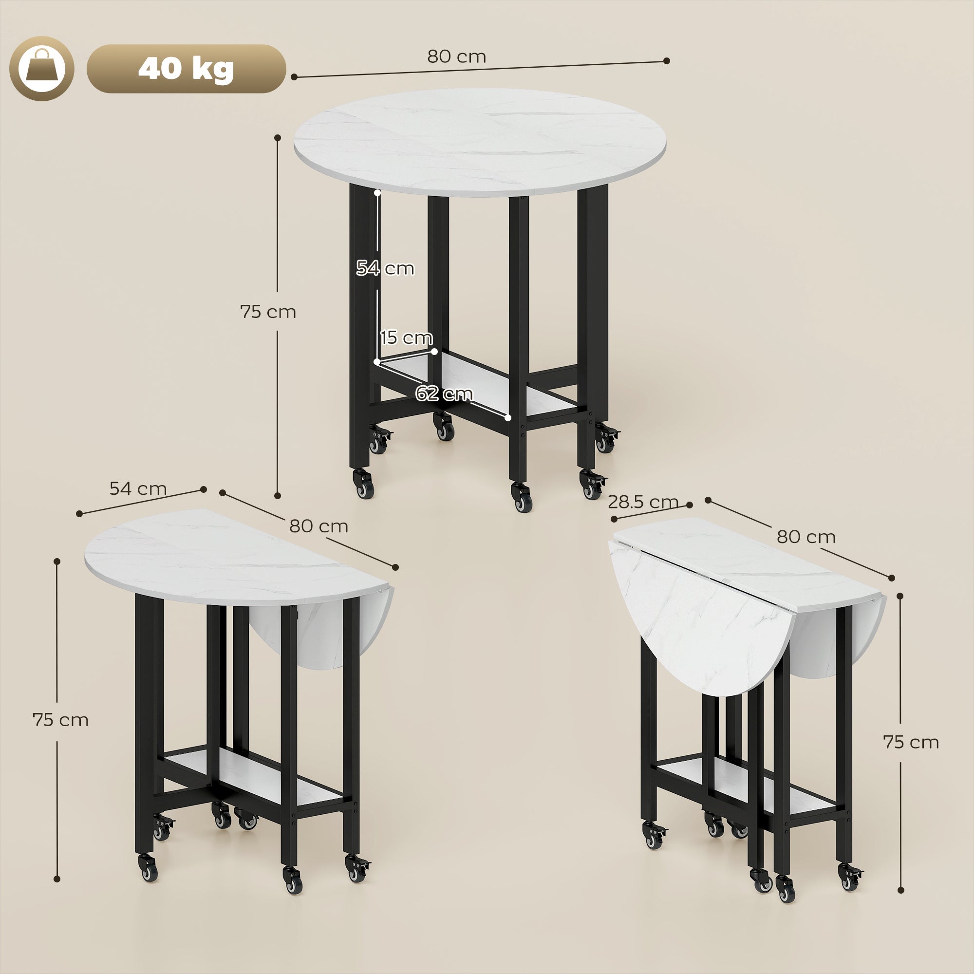 HOMCOM Folding Dining Table, Drop Leaf Table with Open Shelf, Rolling Kitchen Table for Dining Room, Small Spaces, White Marble