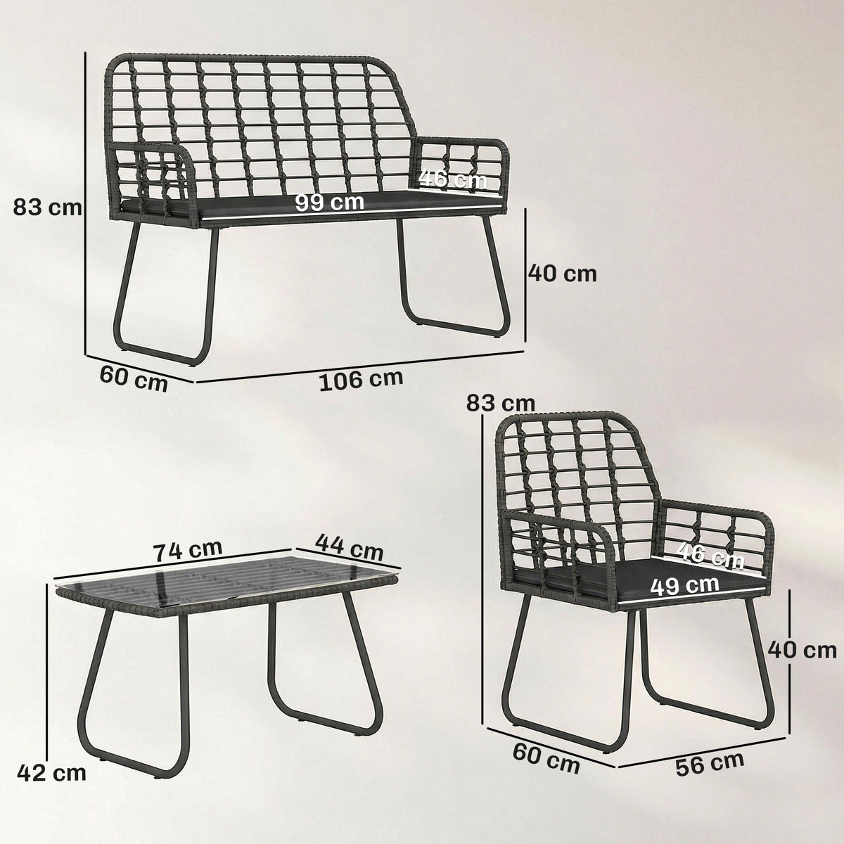 Outsunny 4 Piece Rattan Garden Furniture Set, Outdoor Patio Furniture with Loveseat, Armchairs and Coffee Table