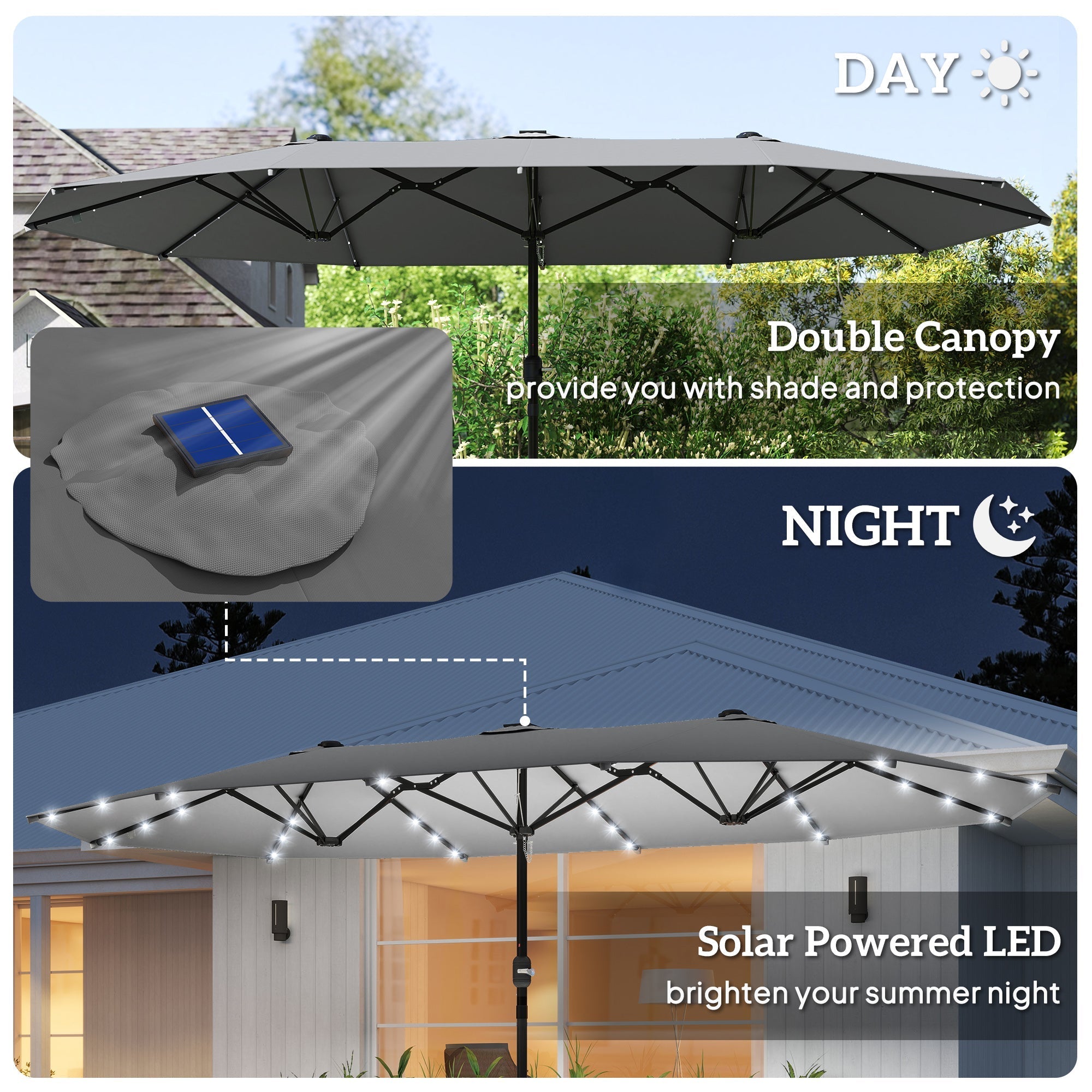 Outsunny 4.4m Double-Sided Sun Umbrella Patio Parasol LED Solar Lights Dark Grey
