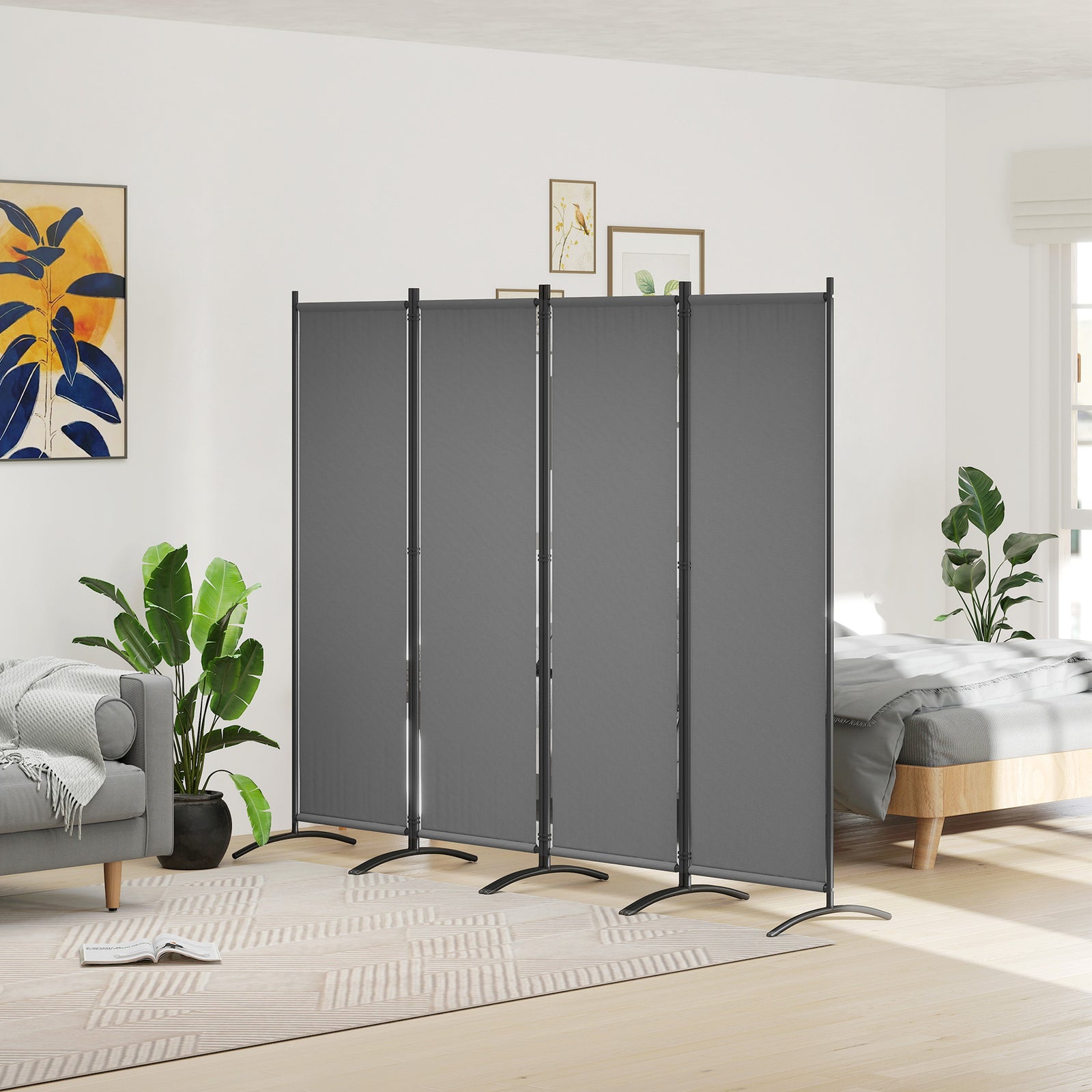 Outsunny 4 Panel Folding Room Divider, 1.7m Privacy Screen with Wide Feet, Portable Freestanding Metal Partition Separator for Office, Living Room, Bedroom, Dining Room, Dark Grey