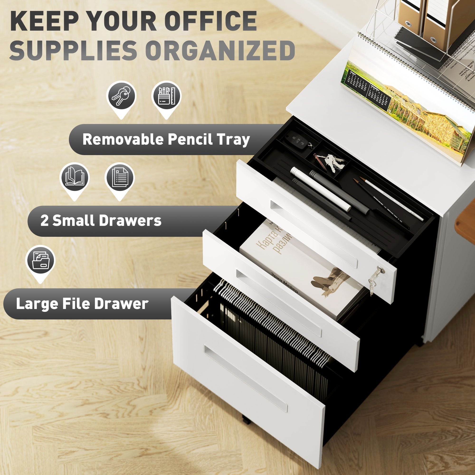 Vinsetto Three-Drawer Steel Filing Cabinet - White