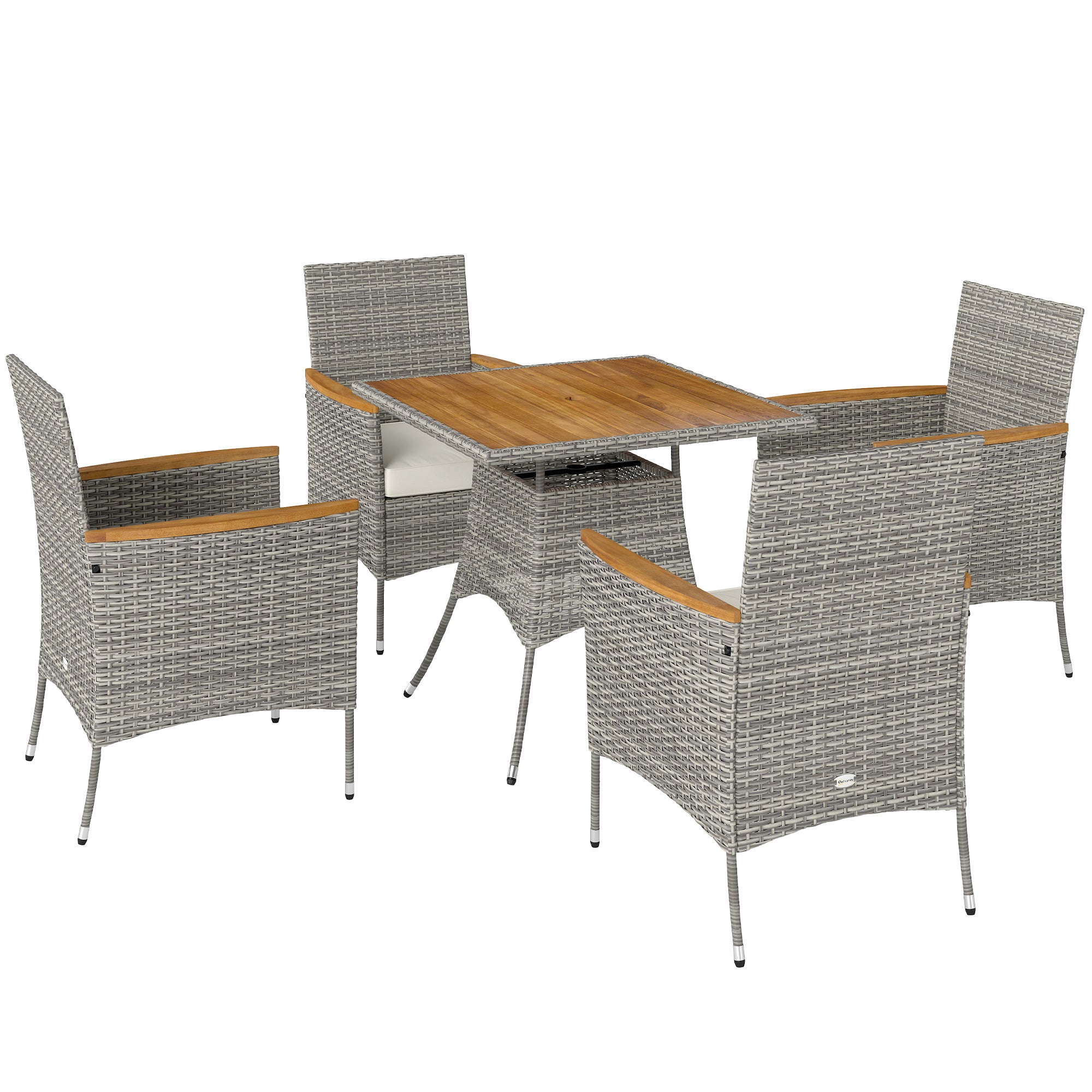 Outsunny Five-Piece Rattan Set, with Wood-Top Table - Teak