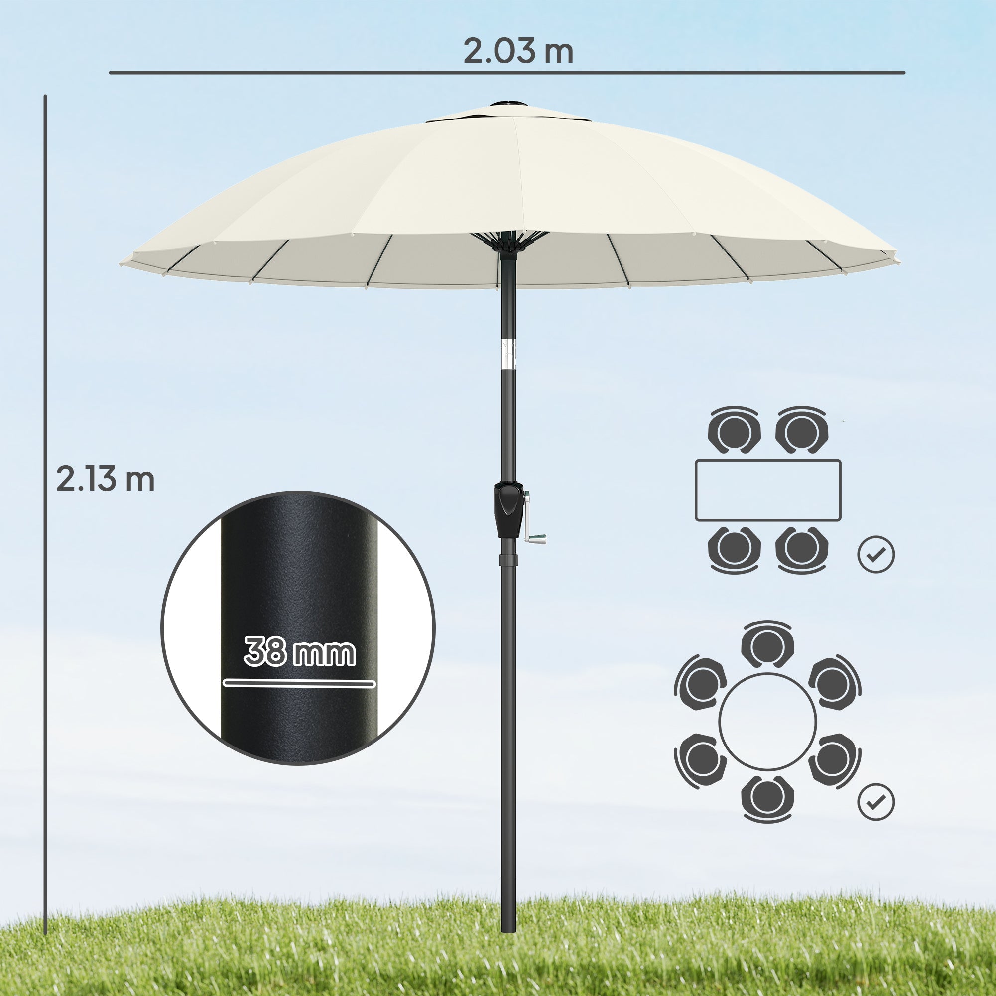 Outsunny 2 m Shanghai Garden Parasol Umbrella with 16 Fibreglass Ribs, Outdoor Parasol Sun Shade with Crank & Tilt, Cream White