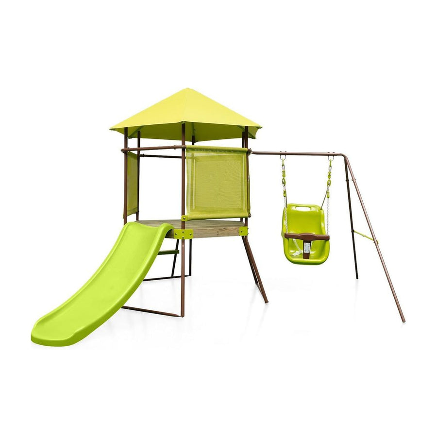 4-in-1 Swing Set with Height Adjustable Baby Seat, Metal Stand and Ground Stakes-Green