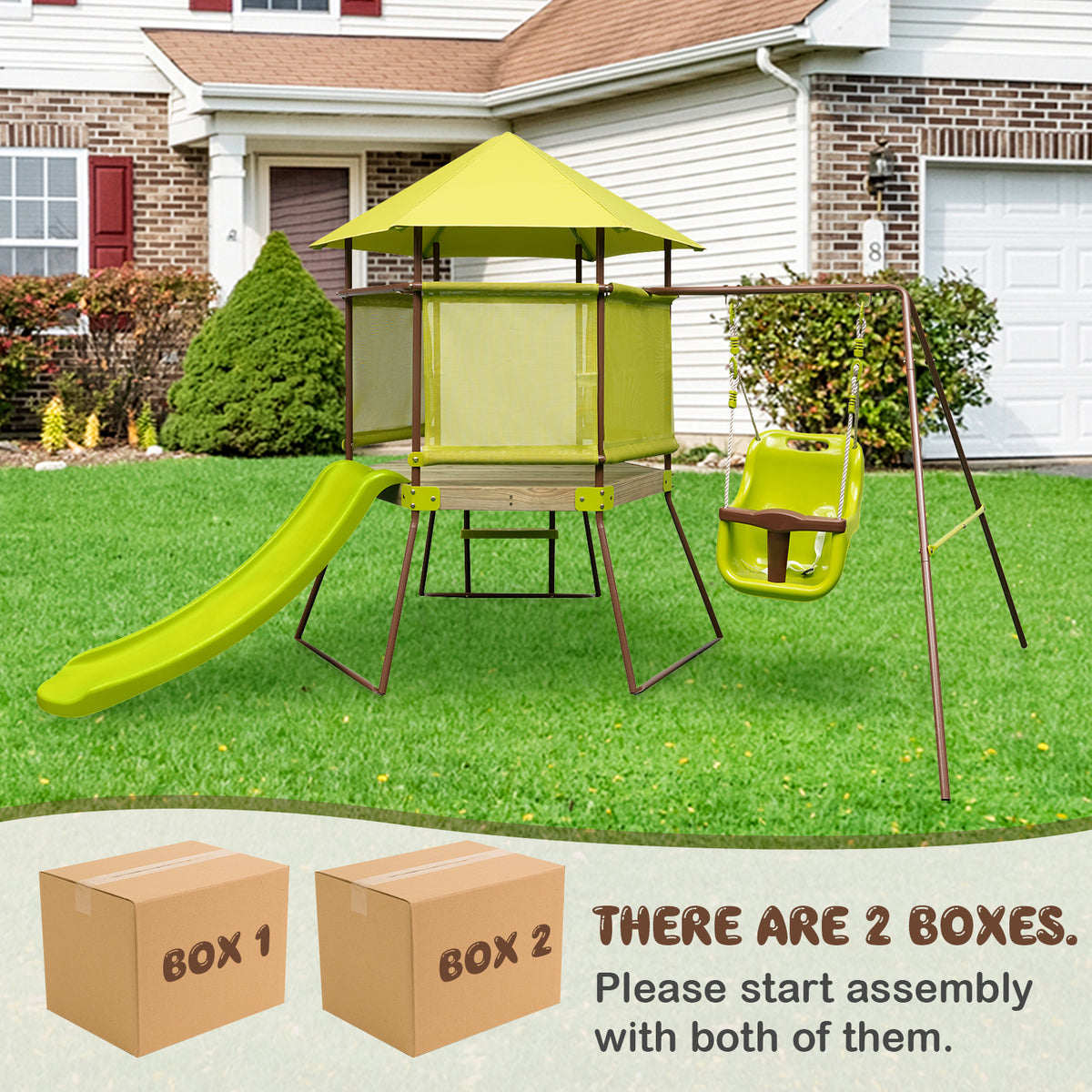 4-in-1 Swing Set with Height Adjustable Baby Seat, Metal Stand and Ground Stakes-Green