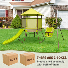 4-in-1 Swing Set with Height Adjustable Baby Seat, Metal Stand and Ground Stakes-Green