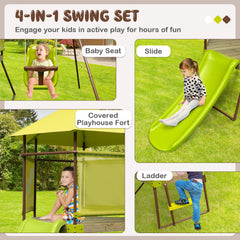 4-in-1 Swing Set with Height Adjustable Baby Seat, Metal Stand and Ground Stakes-Green