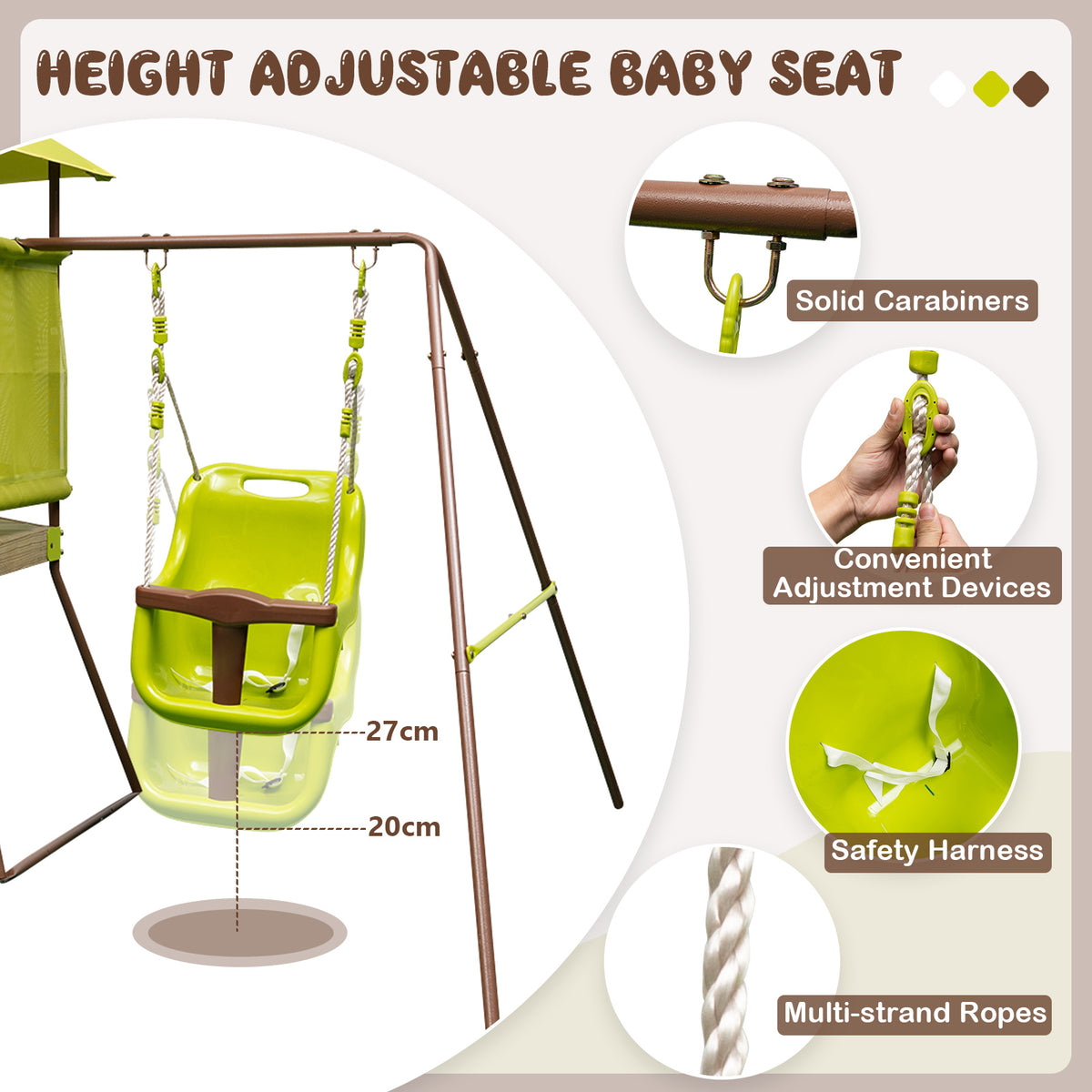 4-in-1 Swing Set with Height Adjustable Baby Seat, Metal Stand and Ground Stakes-Green