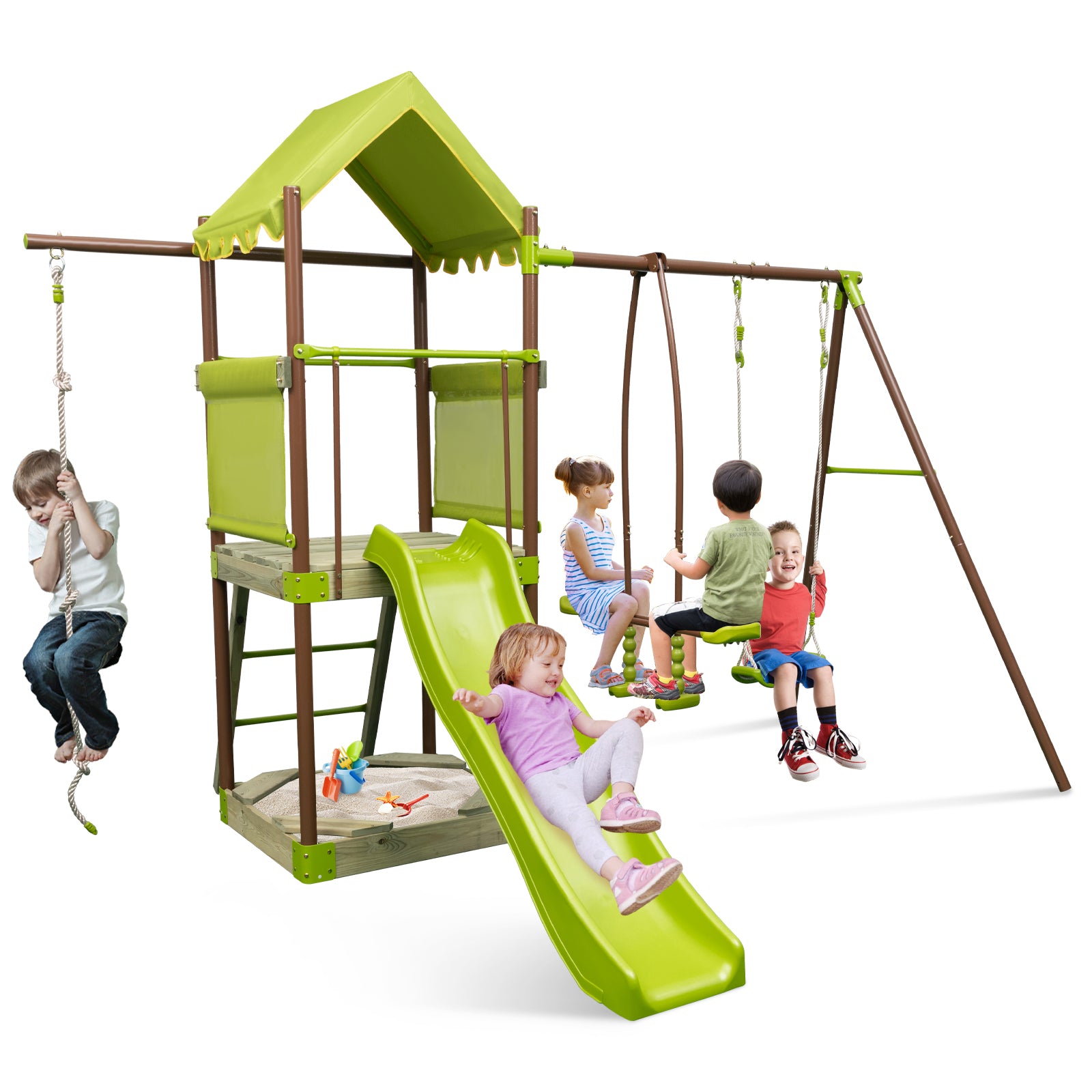 7-in-1 Swing Set Outdoor Metal Playset with Covered Fort-Green