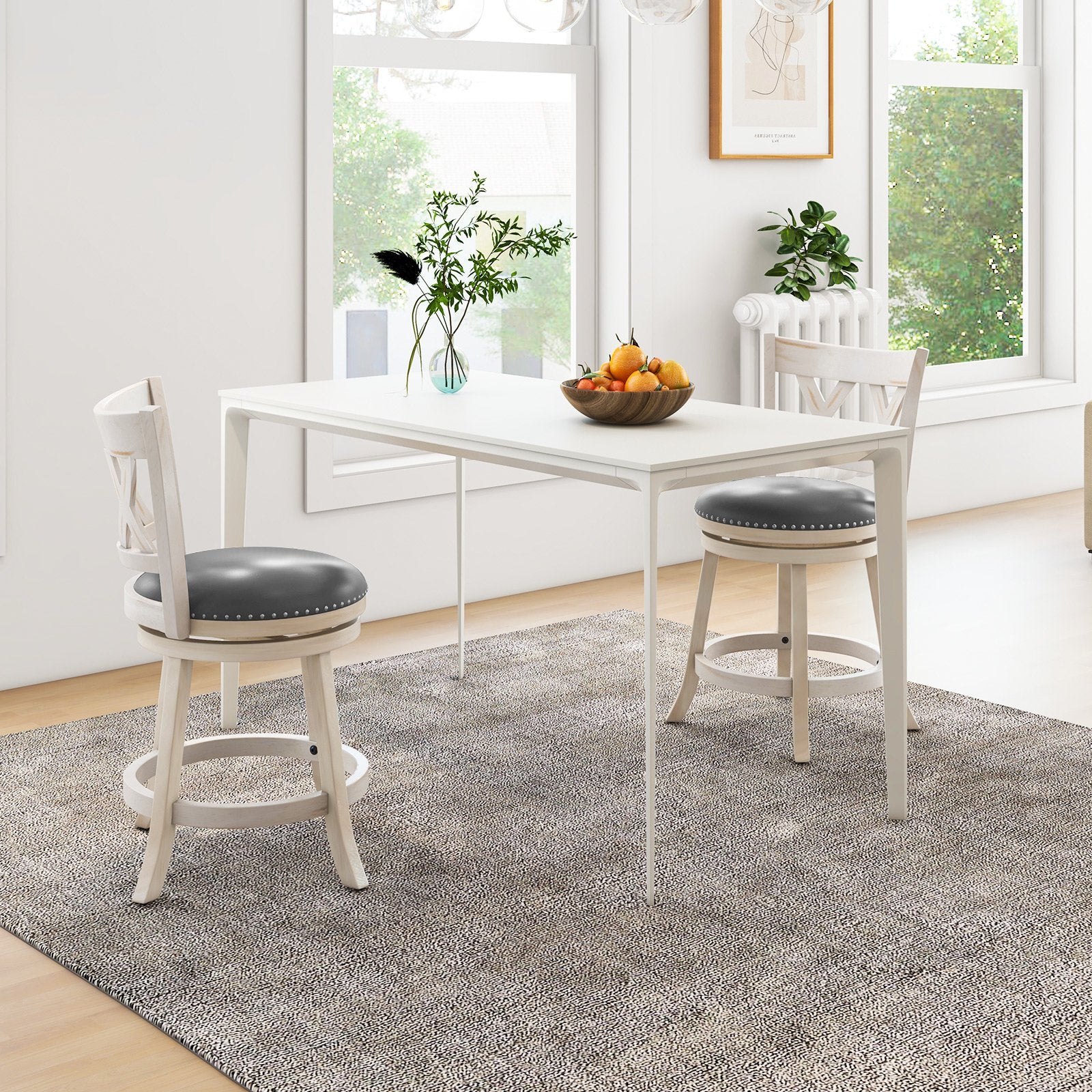 Swivel 64cm Hand-Antiqued Stool Set of 2 with Wider Padded Seat-White-64 cm