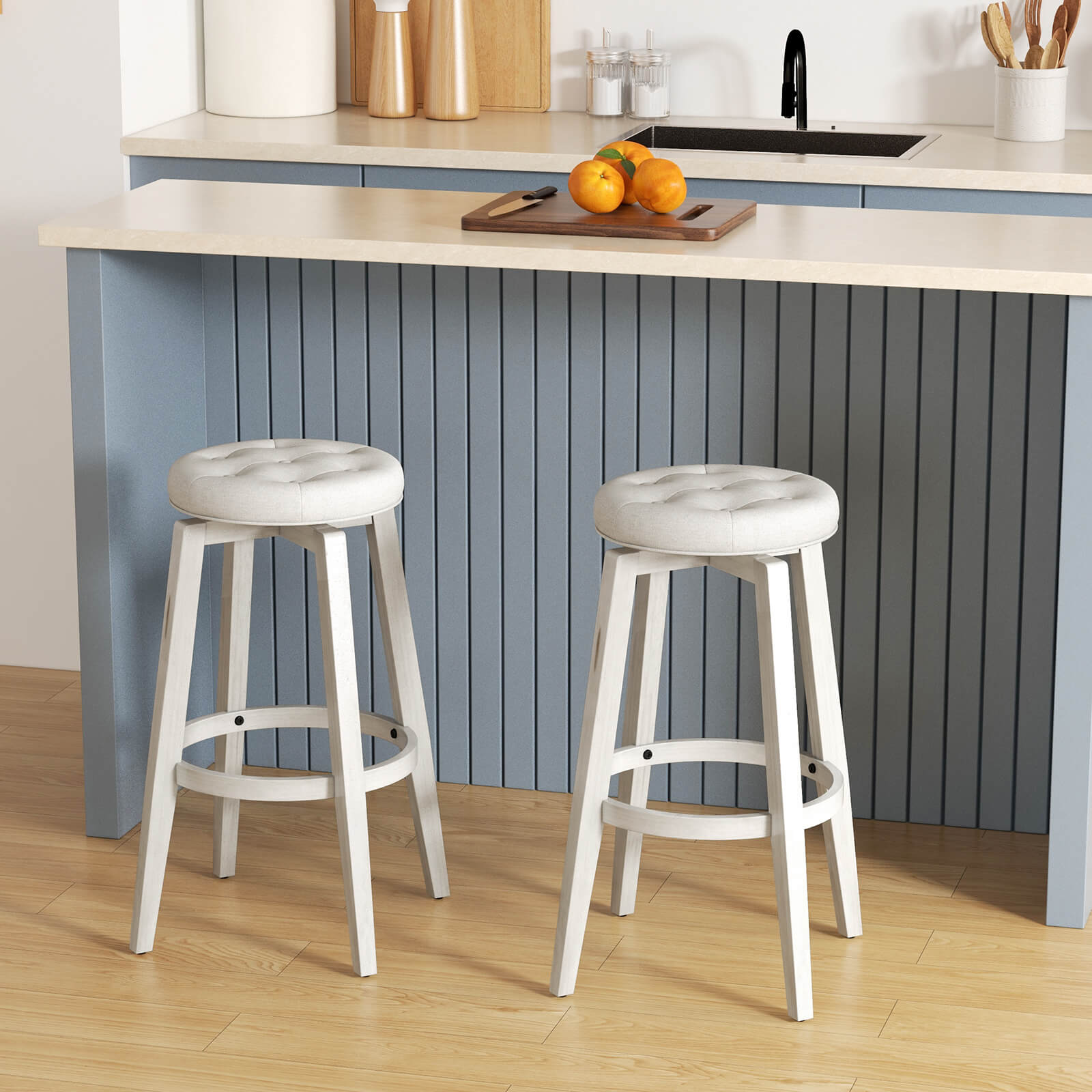 Swivel Bar Stool Set of 2 with Footrest Retro-White-76 cm