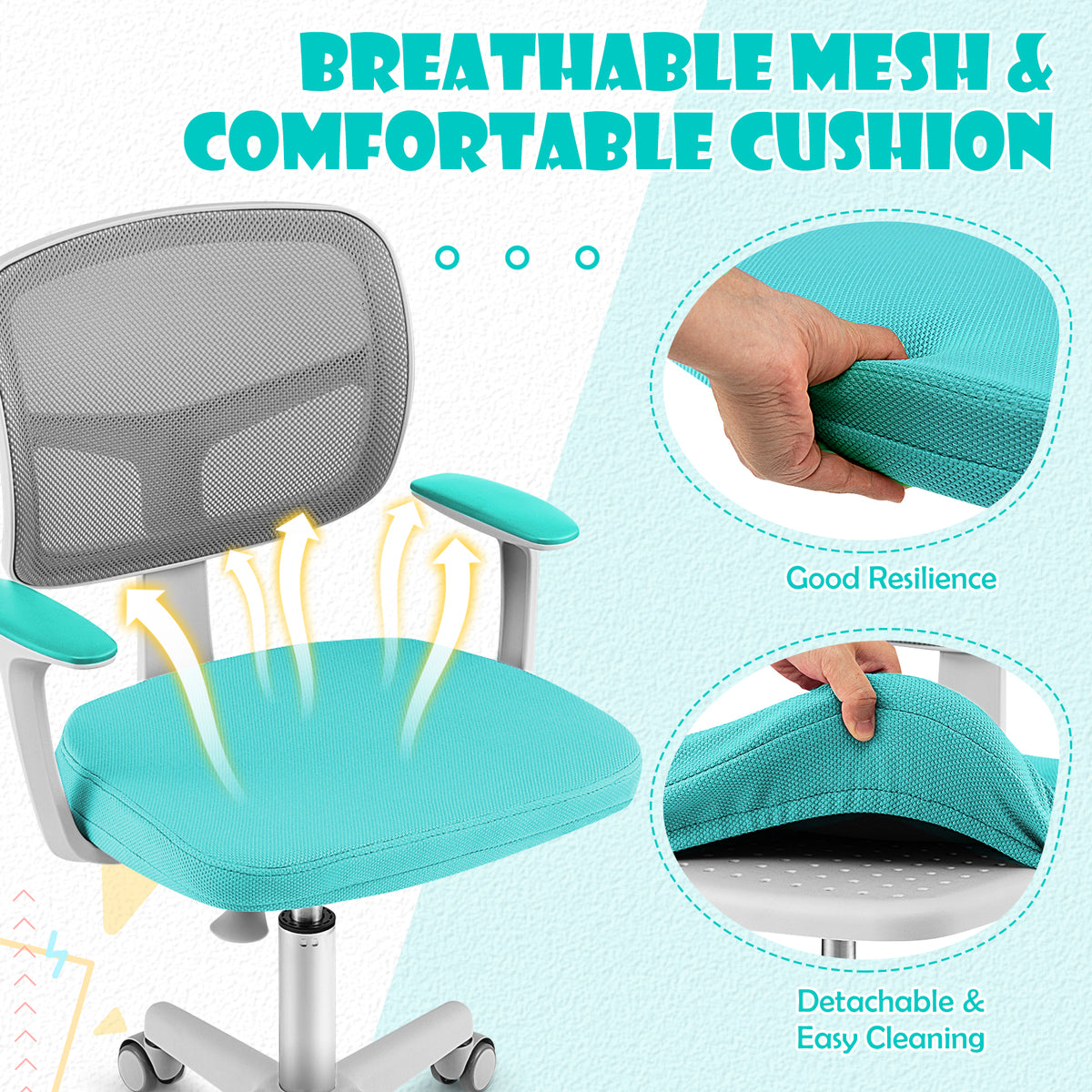 Kids Height-Adjustable Swivel Computer Desk Chair with Lumbar Support-Turquoise
