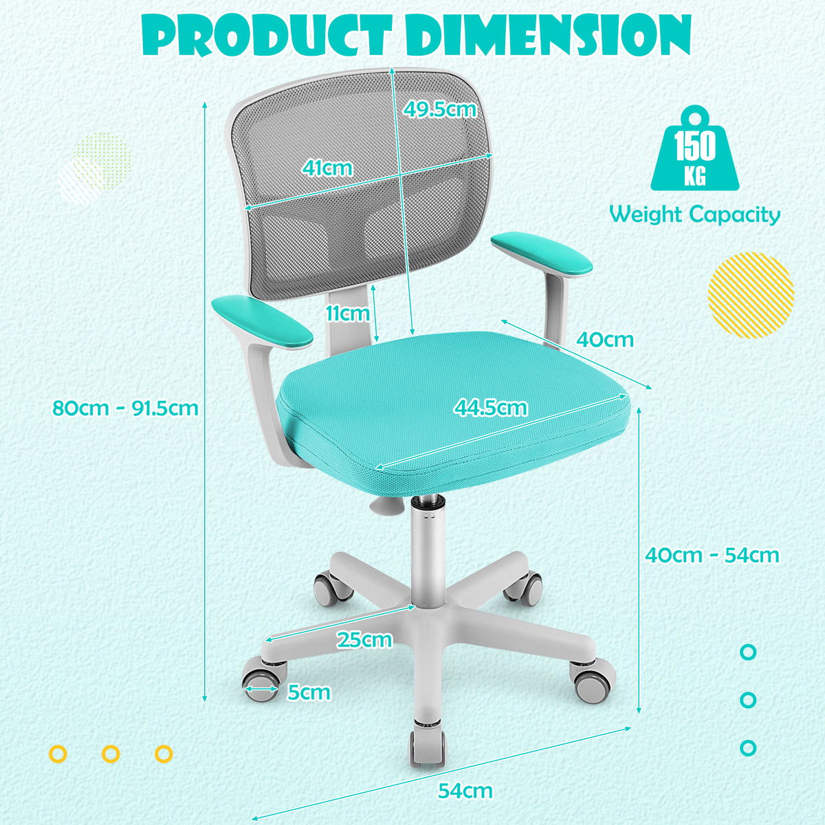 Kids Height-Adjustable Swivel Computer Desk Chair with Lumbar Support-Turquoise