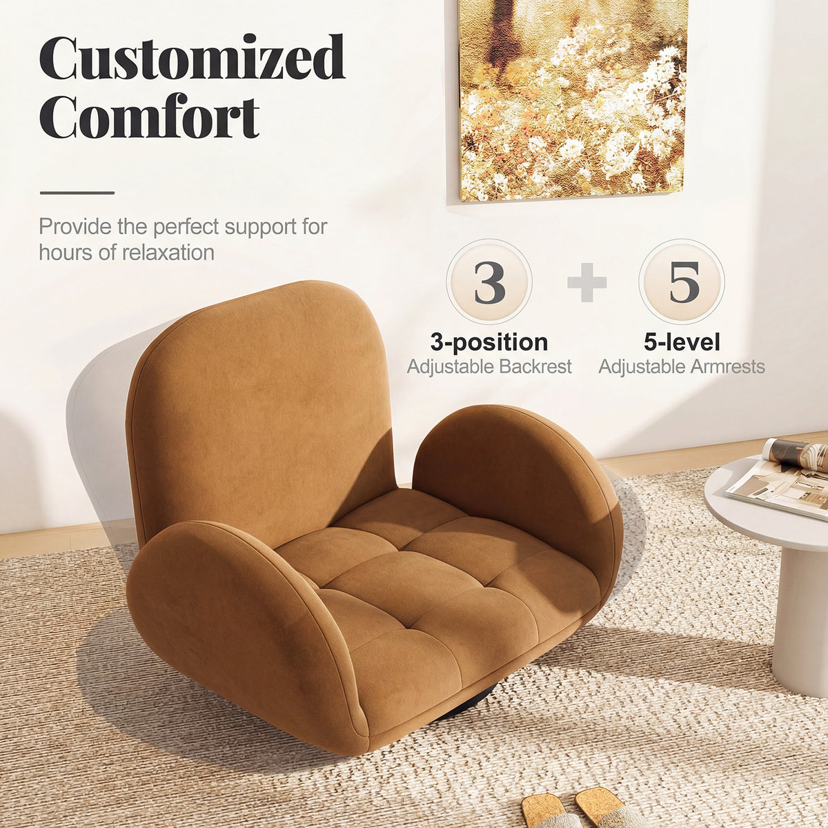 Swivel Floor Chair with Adjustable Backrest and Armrests-Coffee