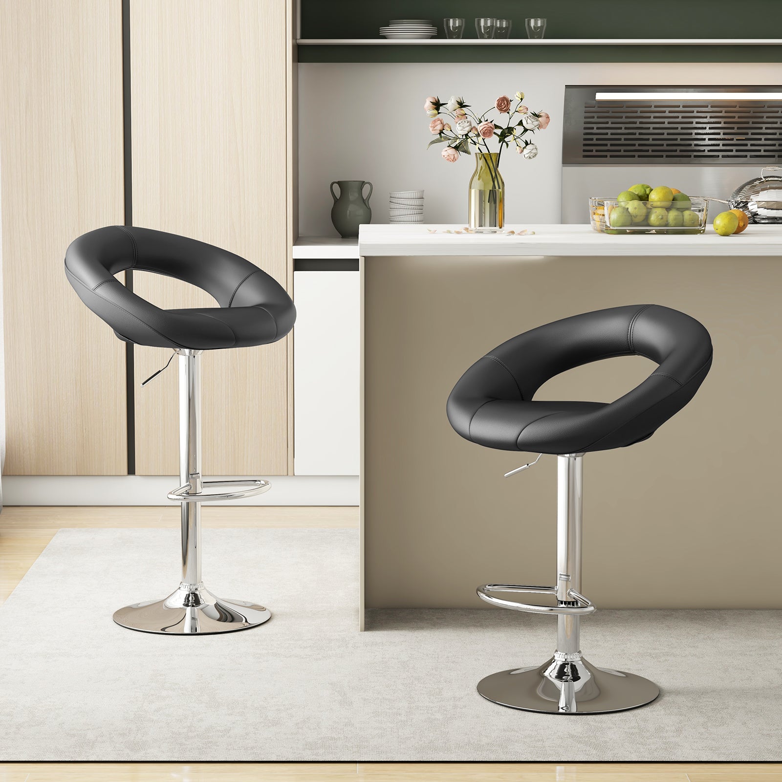 Swivel Height Adjustable Bar Stool Set of 2 with Hollow Back and Footrest-Black