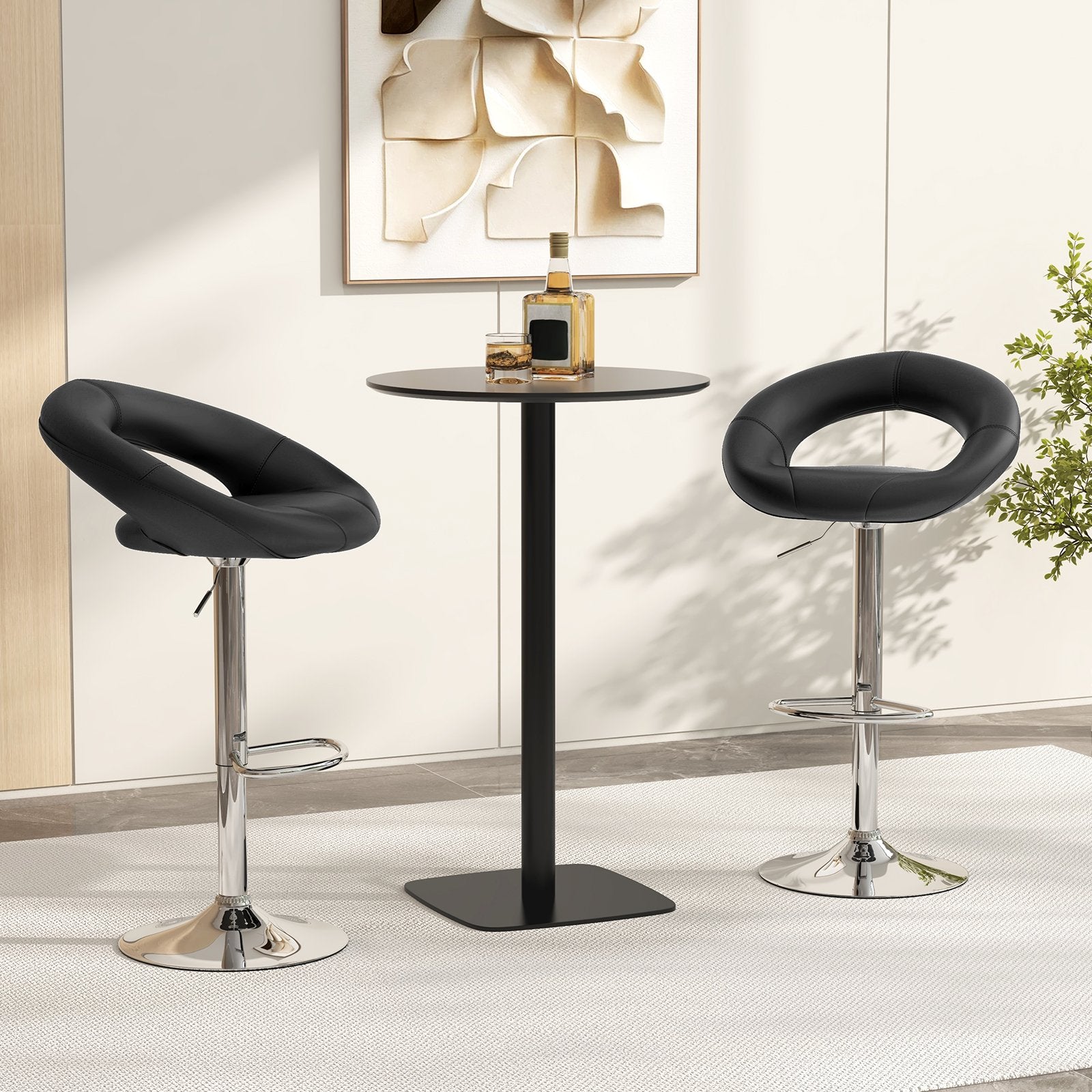 Swivel Height Adjustable Bar Stool Set of 2 with Hollow Back and Footrest-Black