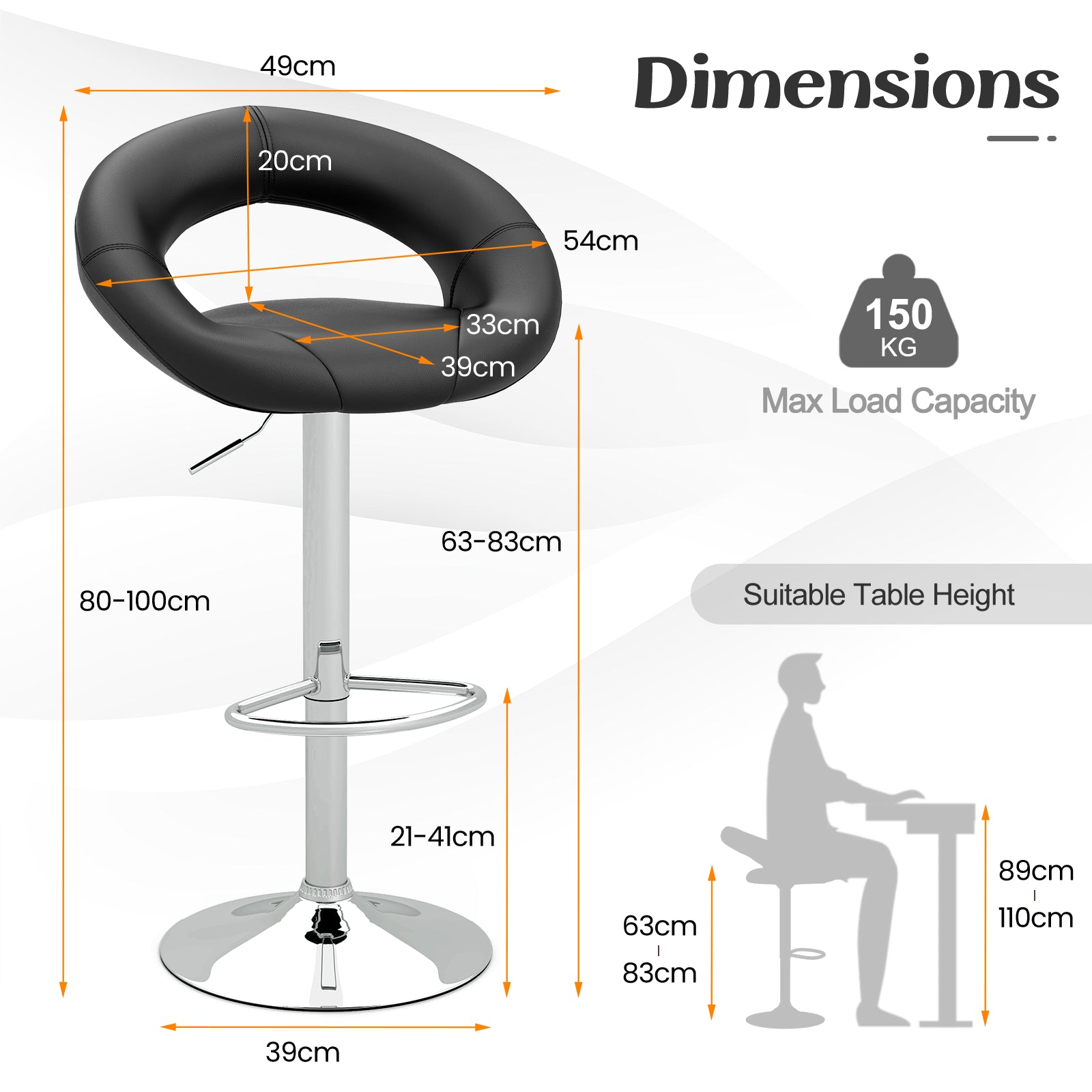 Swivel Height Adjustable Bar Stool Set of 2 with Hollow Back and Footrest-Black