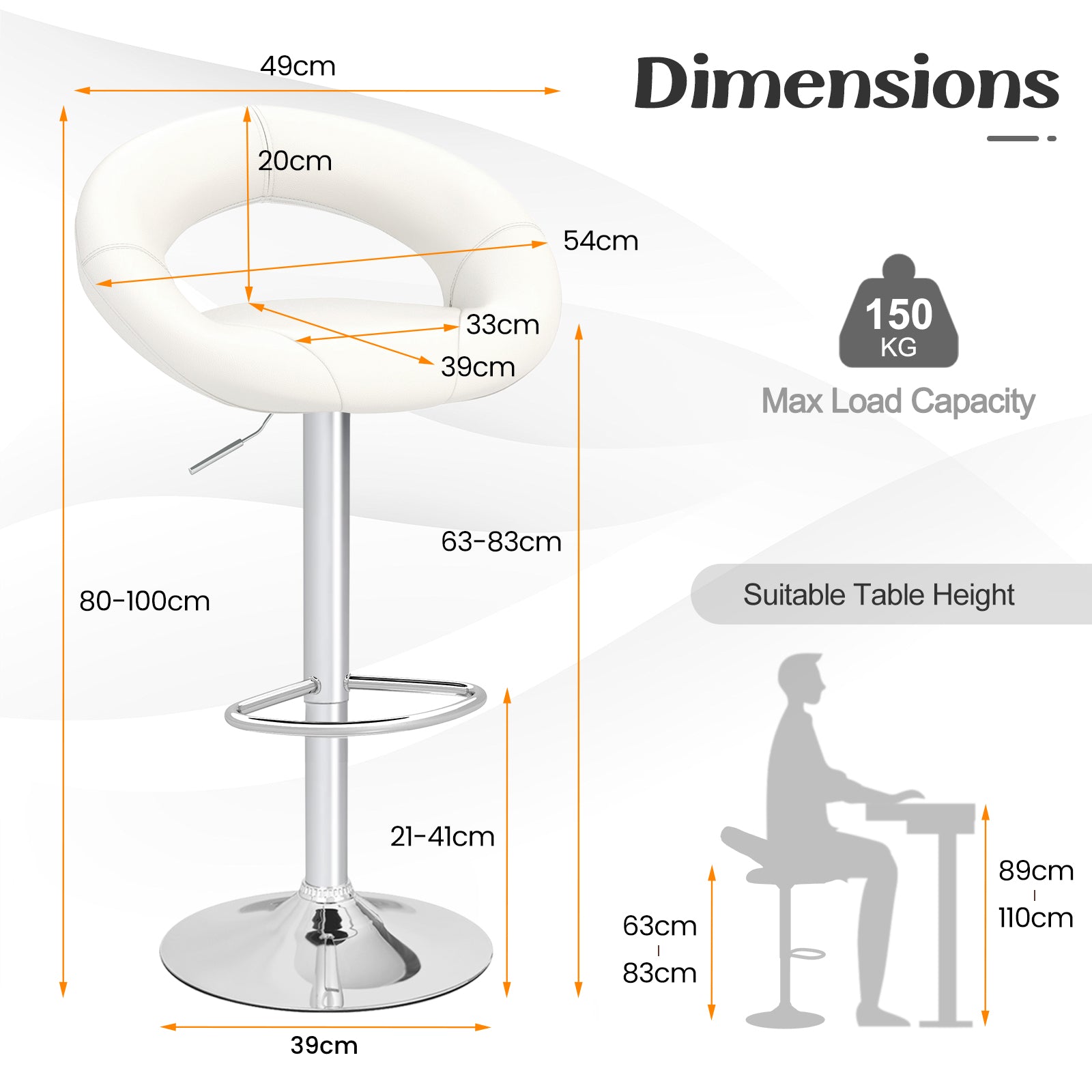 Swivel Height Adjustable Bar Stool Set of 2 with Hollow Back and Footrest-White