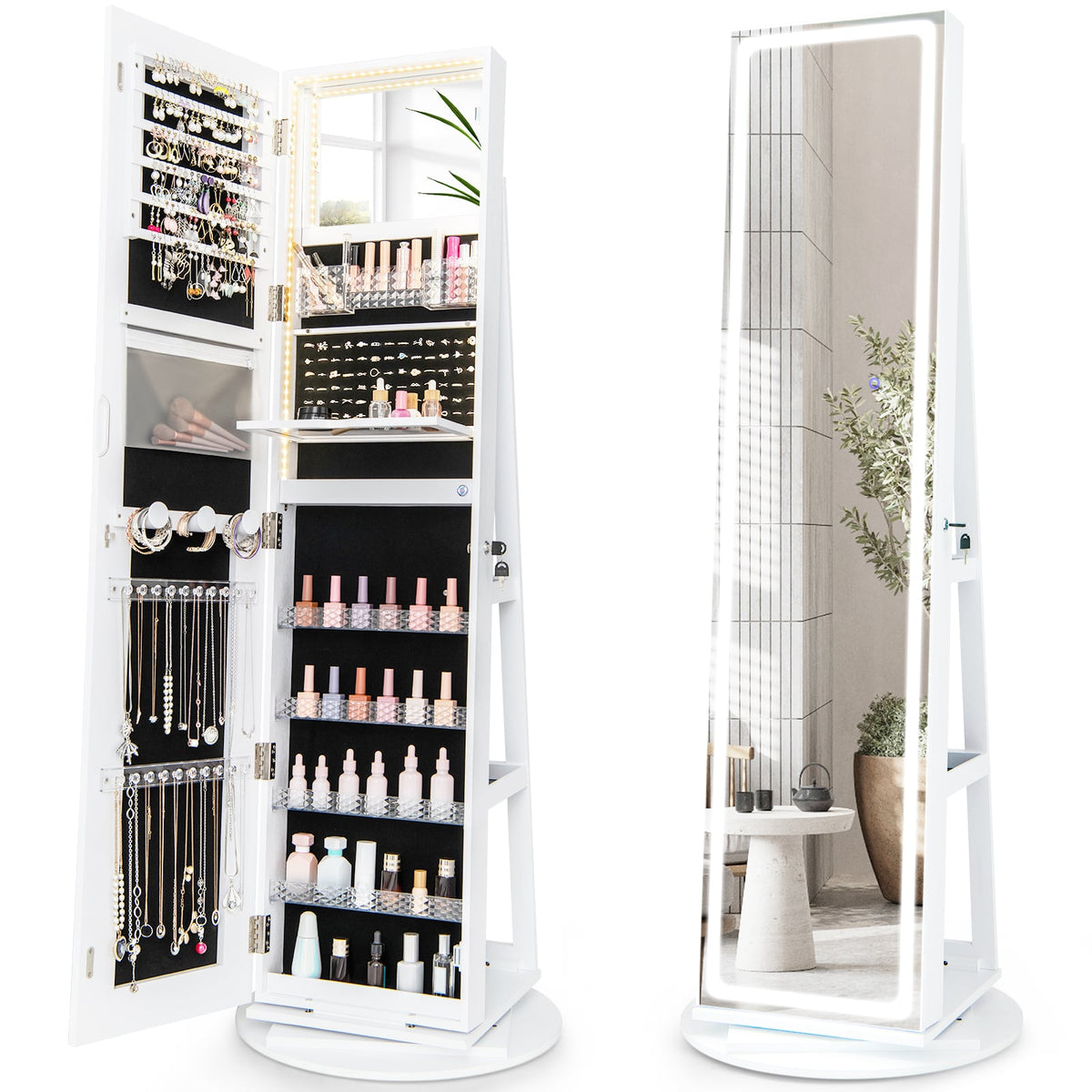 360° Swivel Jewelry Cabinet with LED Lights, Foldable Shelf-White