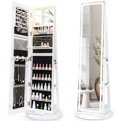 360° Swivel Jewelry Cabinet with LED Lights, Foldable Shelf-White