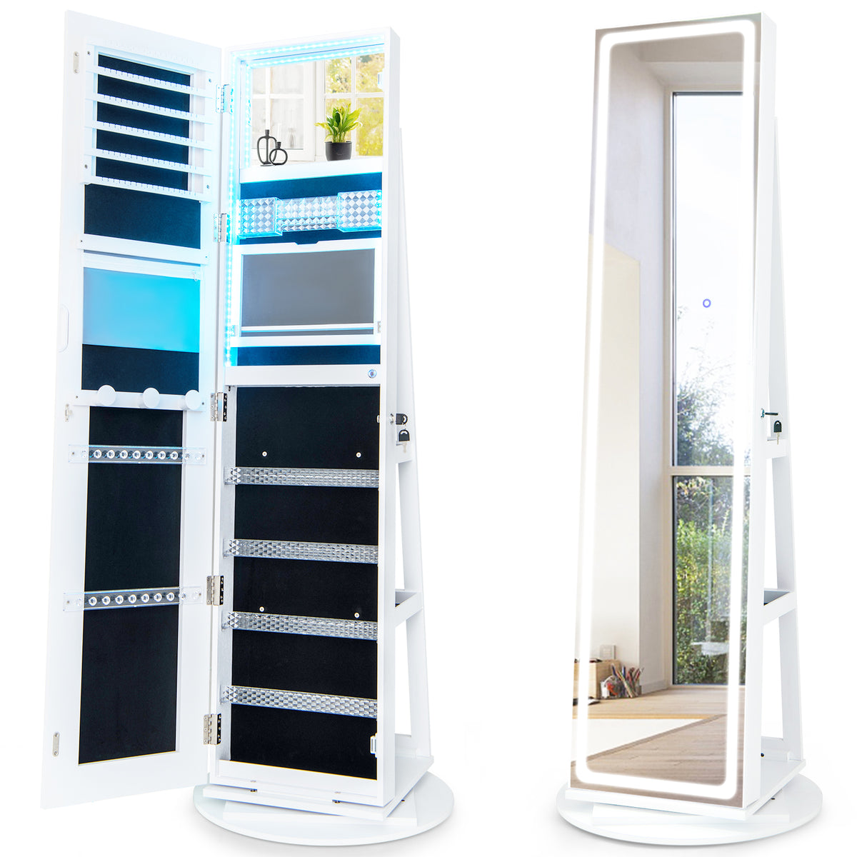 360° Swivel Jewelry Cabinet with LED Lights, Foldable Shelf-White