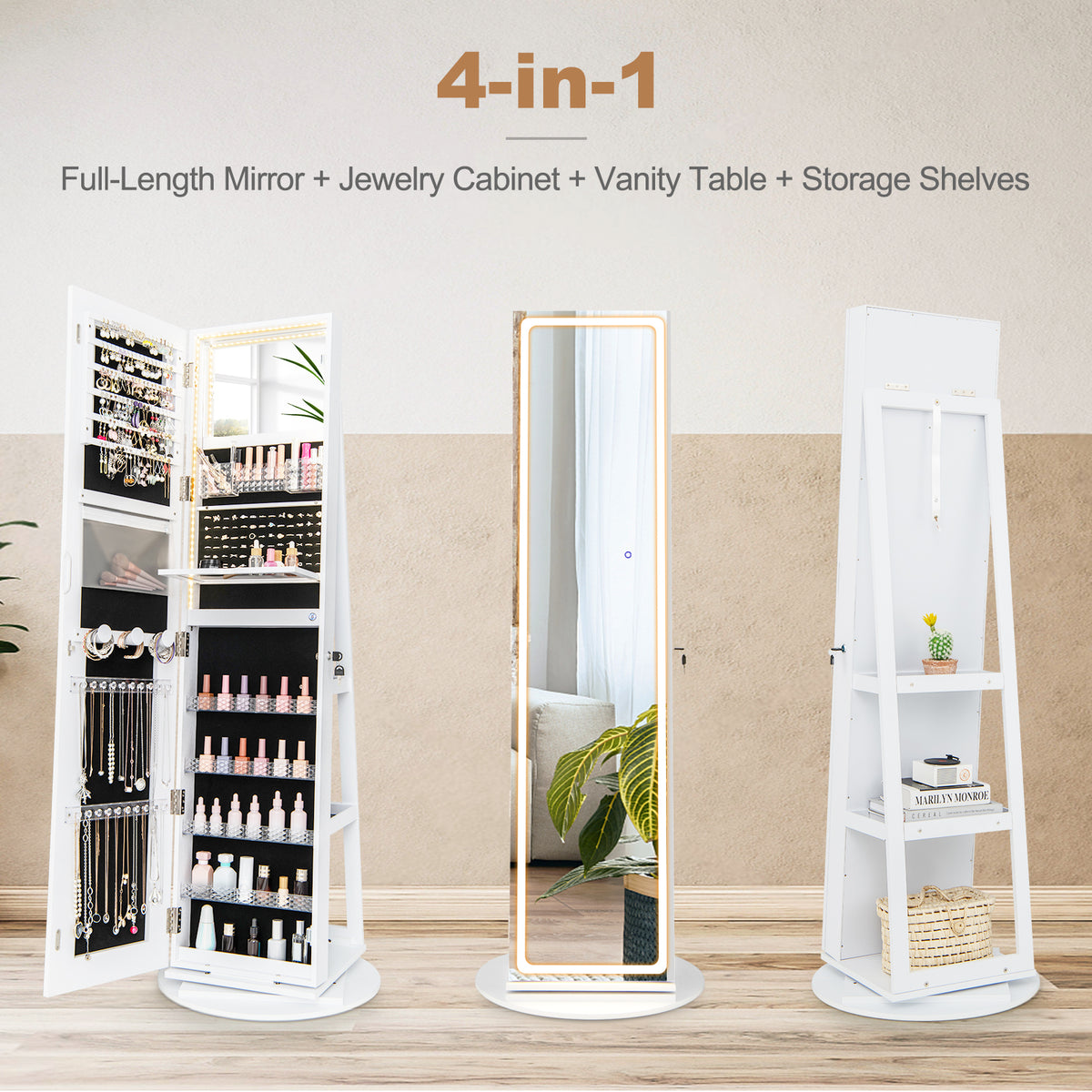 360° Swivel Jewelry Cabinet with LED Lights, Foldable Shelf-White