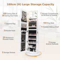360° Swivel Jewelry Cabinet with LED Lights, Foldable Shelf-White