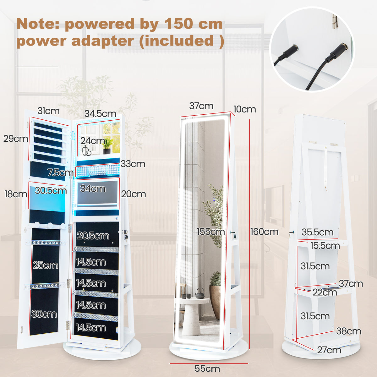 360° Swivel Jewelry Cabinet with LED Lights, Foldable Shelf-White