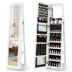 360° Swivel Jewelry Armoire with Full Length Mirror and Back Shelves-White