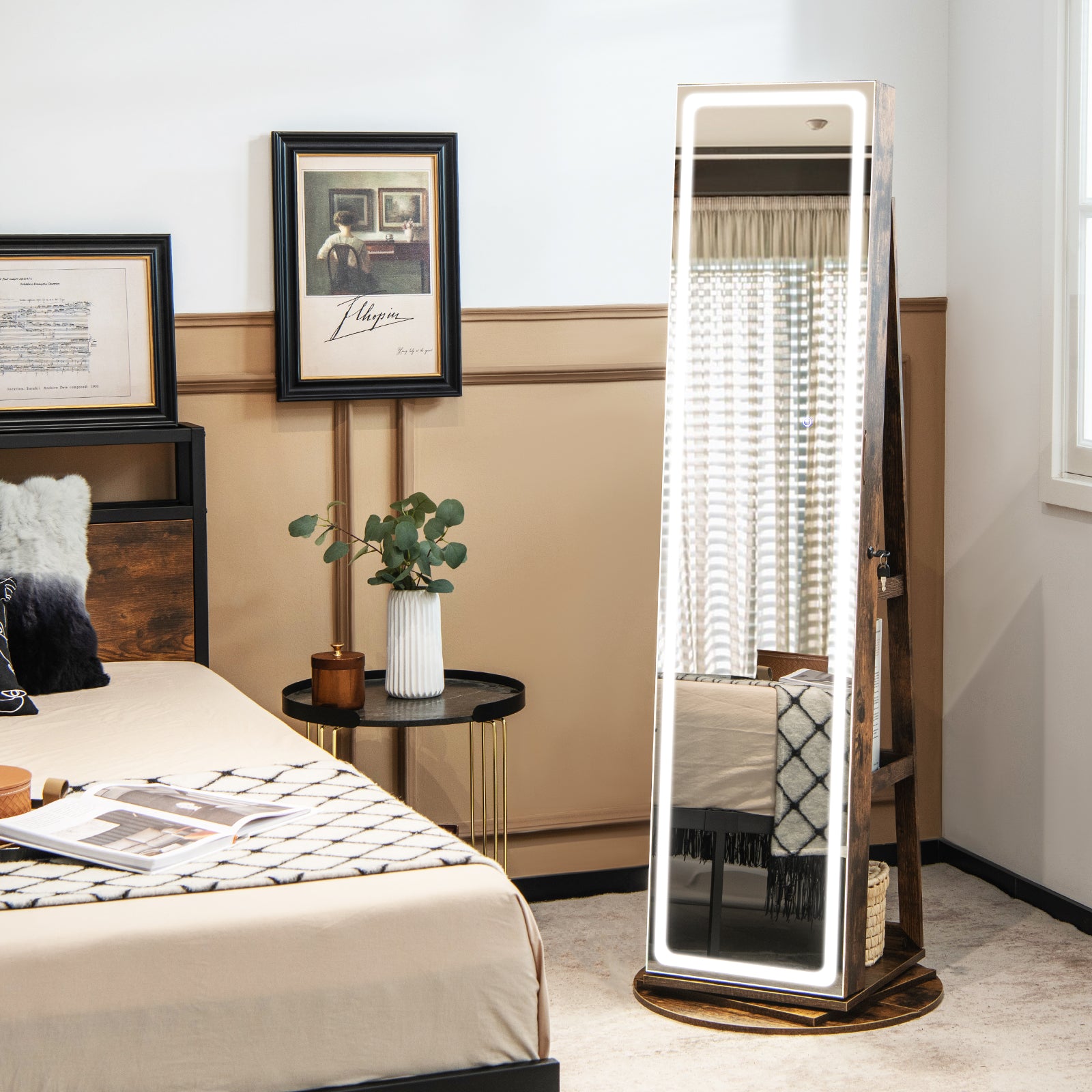 360¬∞ Swivel Jewelry Cabinet with LED Lights, Foldable Shelf-Brown