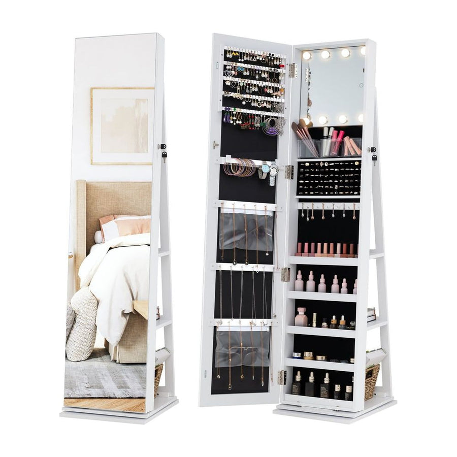 360° Swivel Jewelry Cabinet Full Length Mirror and Back Shelves-White