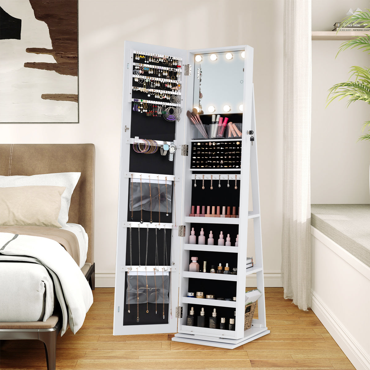 360° Swivel Jewelry Cabinet Full Length Mirror and Back Shelves-White