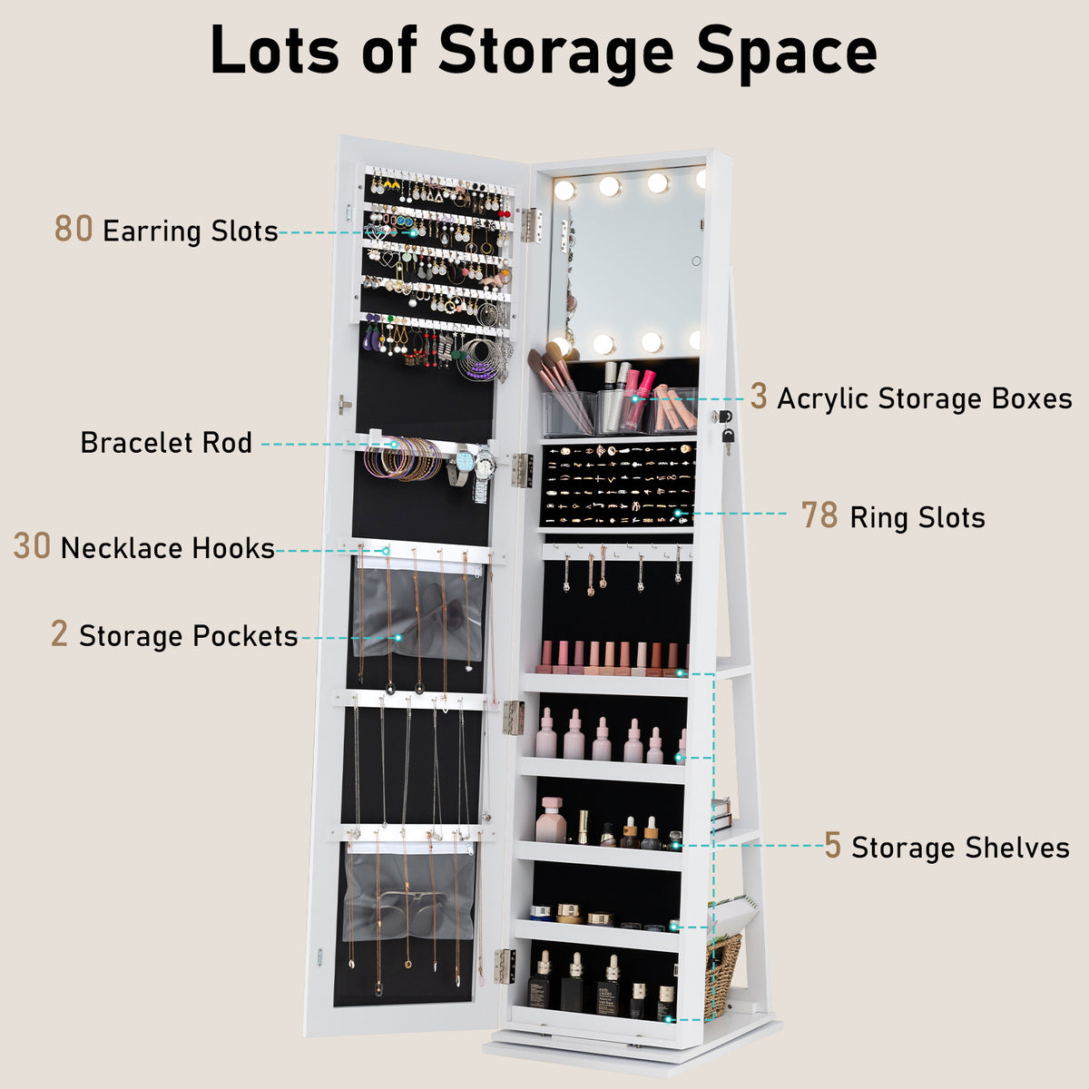360° Swivel Jewelry Cabinet Full Length Mirror and Back Shelves-White
