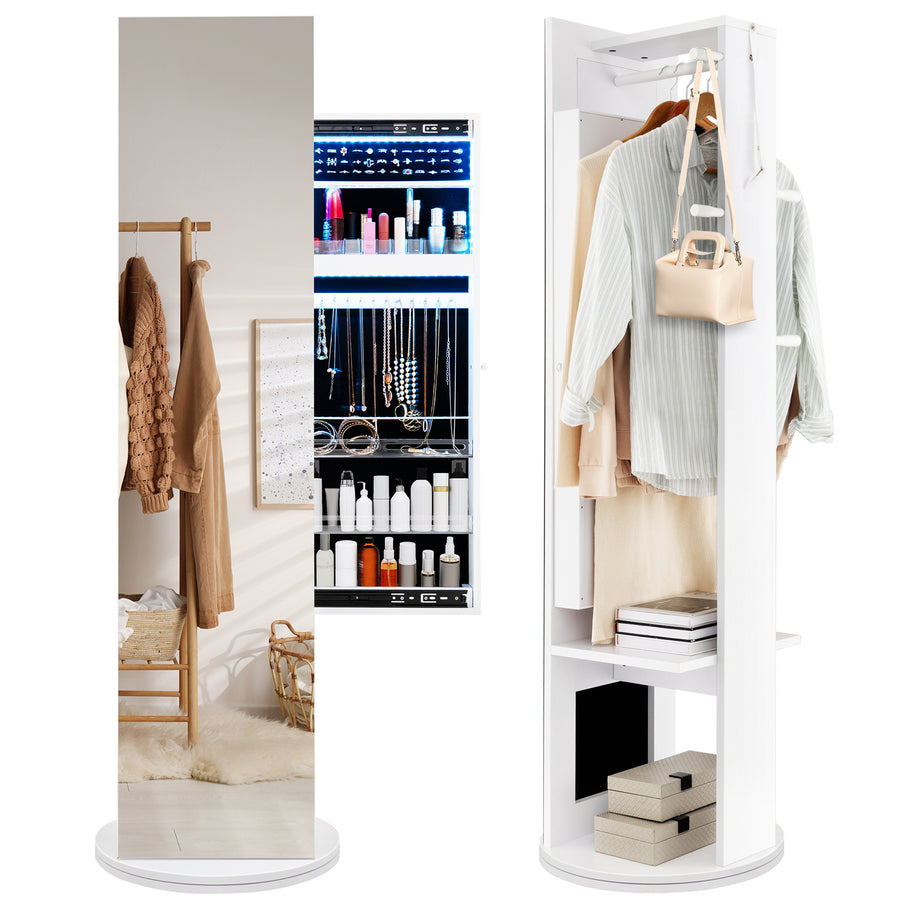 Swivel Jewelry Cabinet with Full-Length Mirror Cosmetics Storage-White