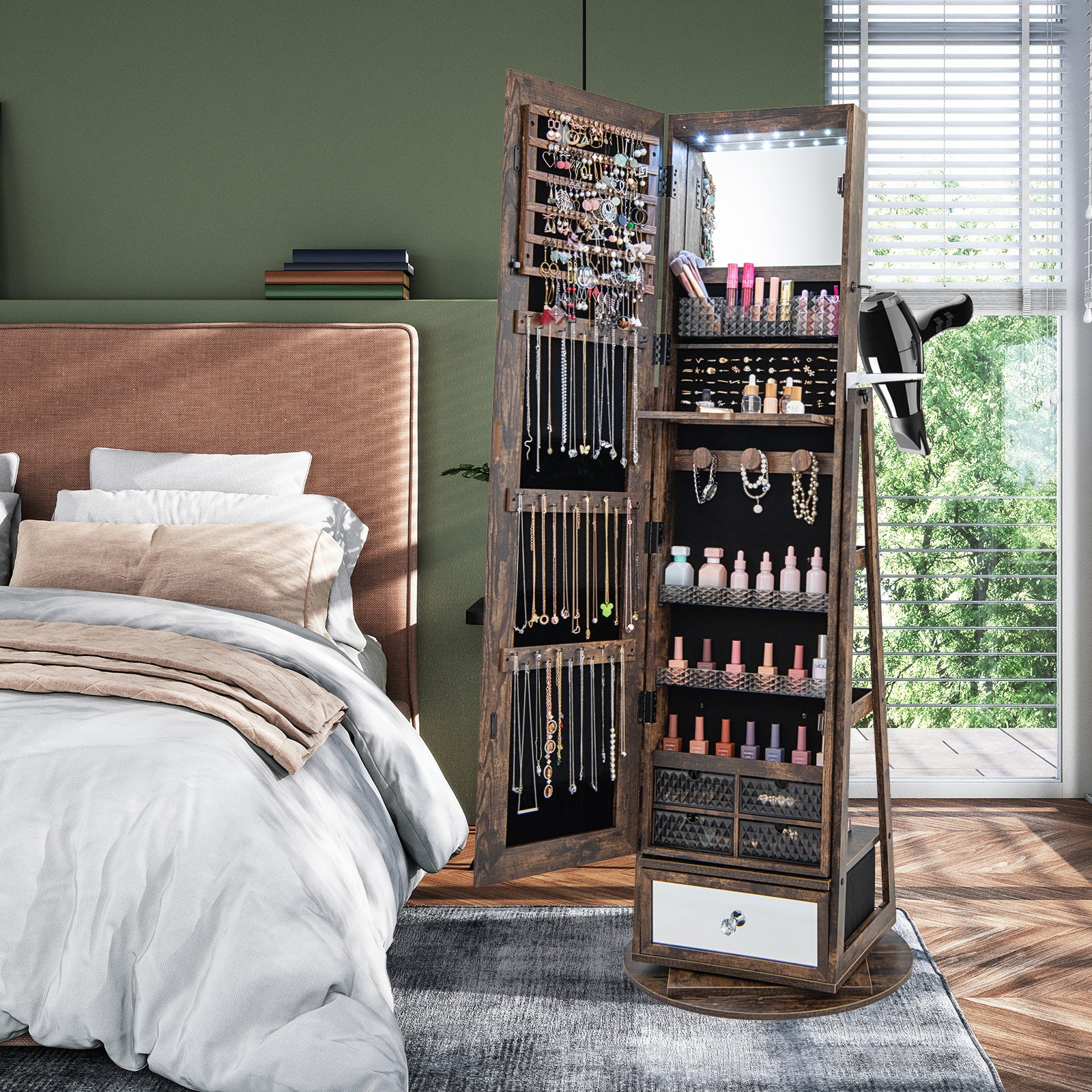 360¬∞ Swivel Lockable Jewelry Armoire Cabinet with Full-Length Mirror-Rustic Brown