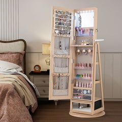 360° Swivel Lockable Jewelry Armoire Cabinet with Full-Length Mirror-Natural