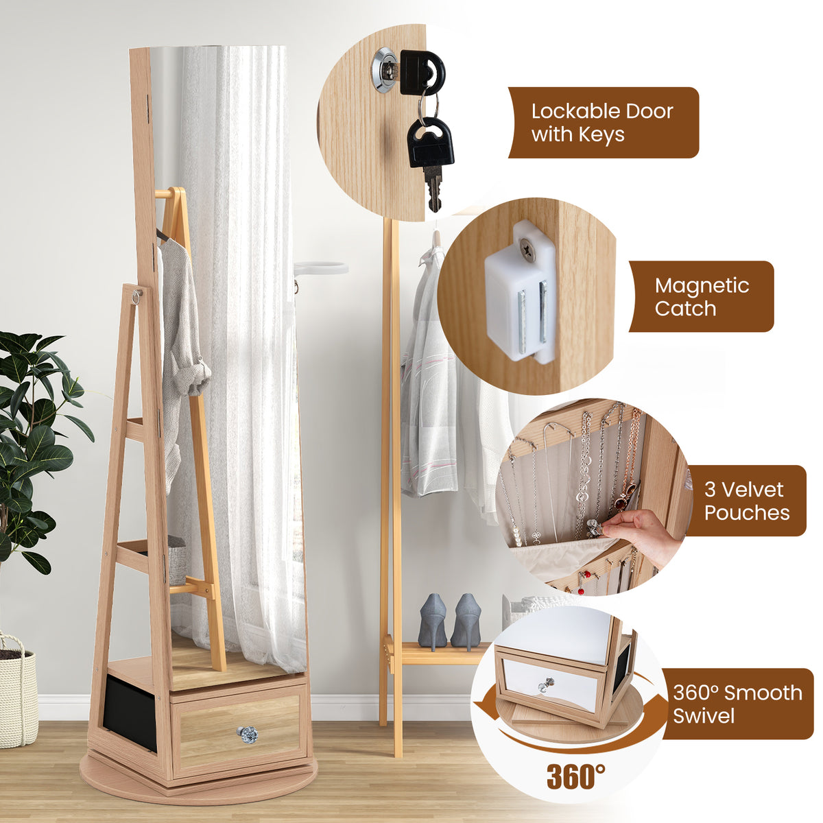 360° Swivel Lockable Jewelry Armoire Cabinet with Full-Length Mirror-Natural