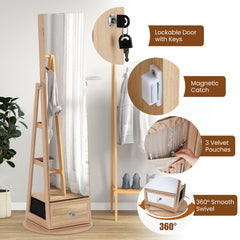 360° Swivel Lockable Jewelry Armoire Cabinet with Full-Length Mirror-Natural