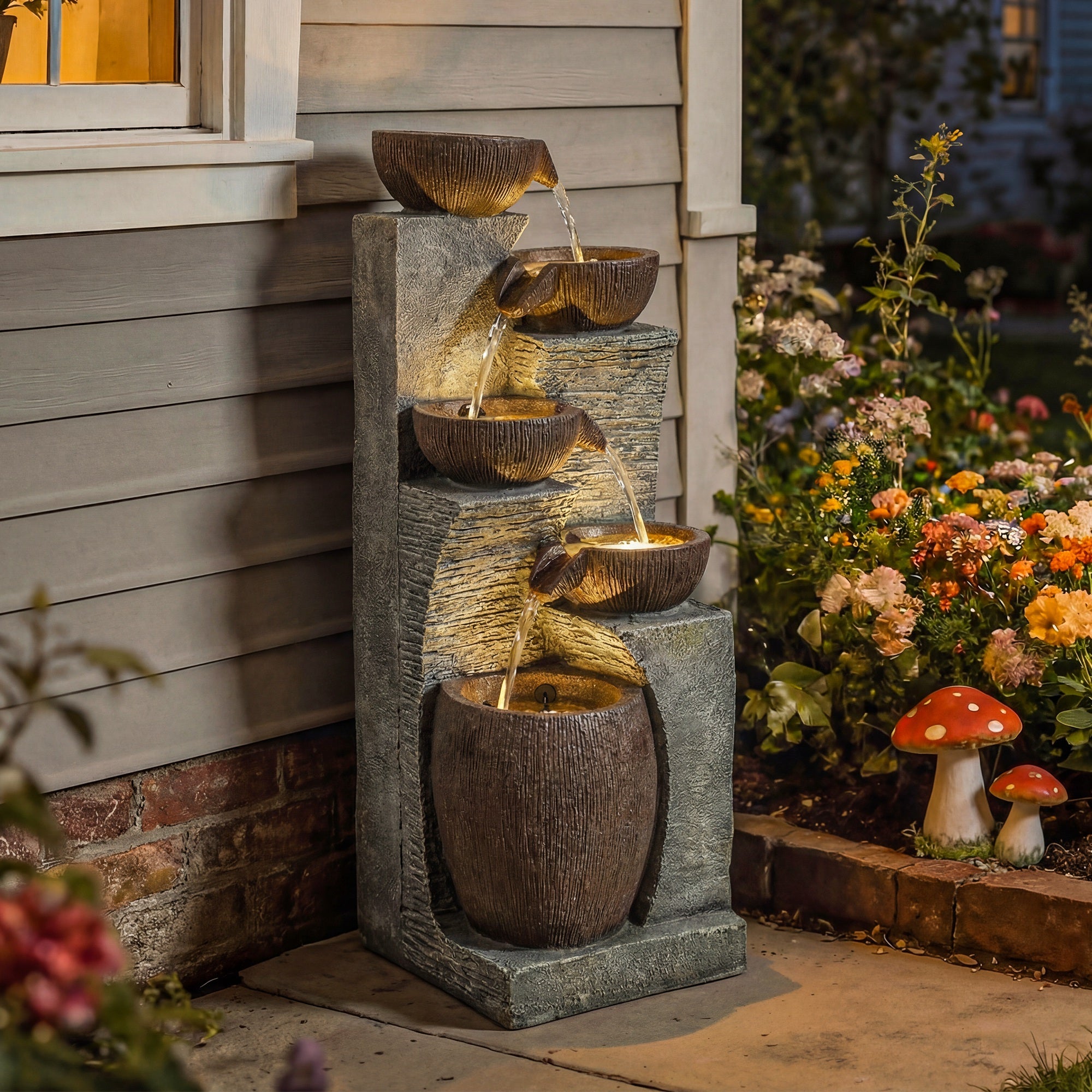 Outsunny Outdoor Fountain with 5-Tier, Garden Fountain with LED Lights, Adjustable Flow, Grey and Rustic Brown