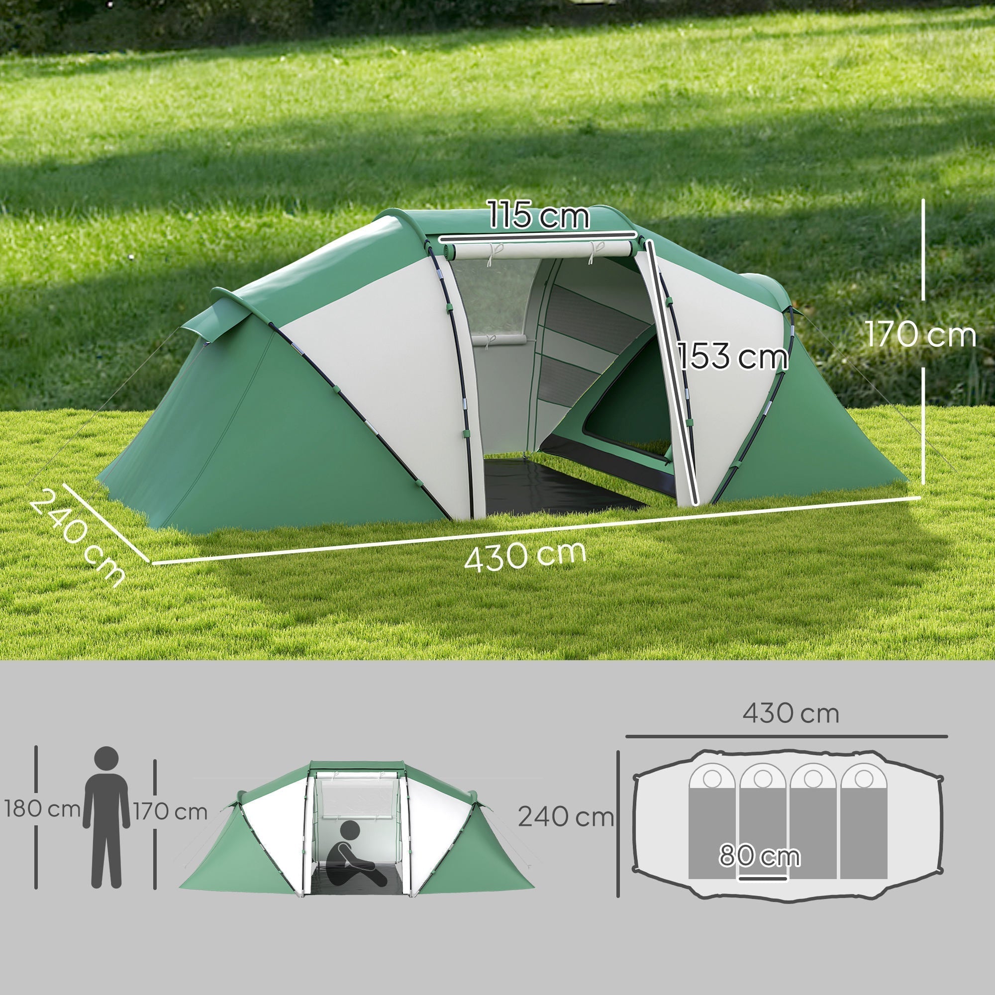 Outsunny 4-6 Man UV Protection Camping Tent - Green and White
