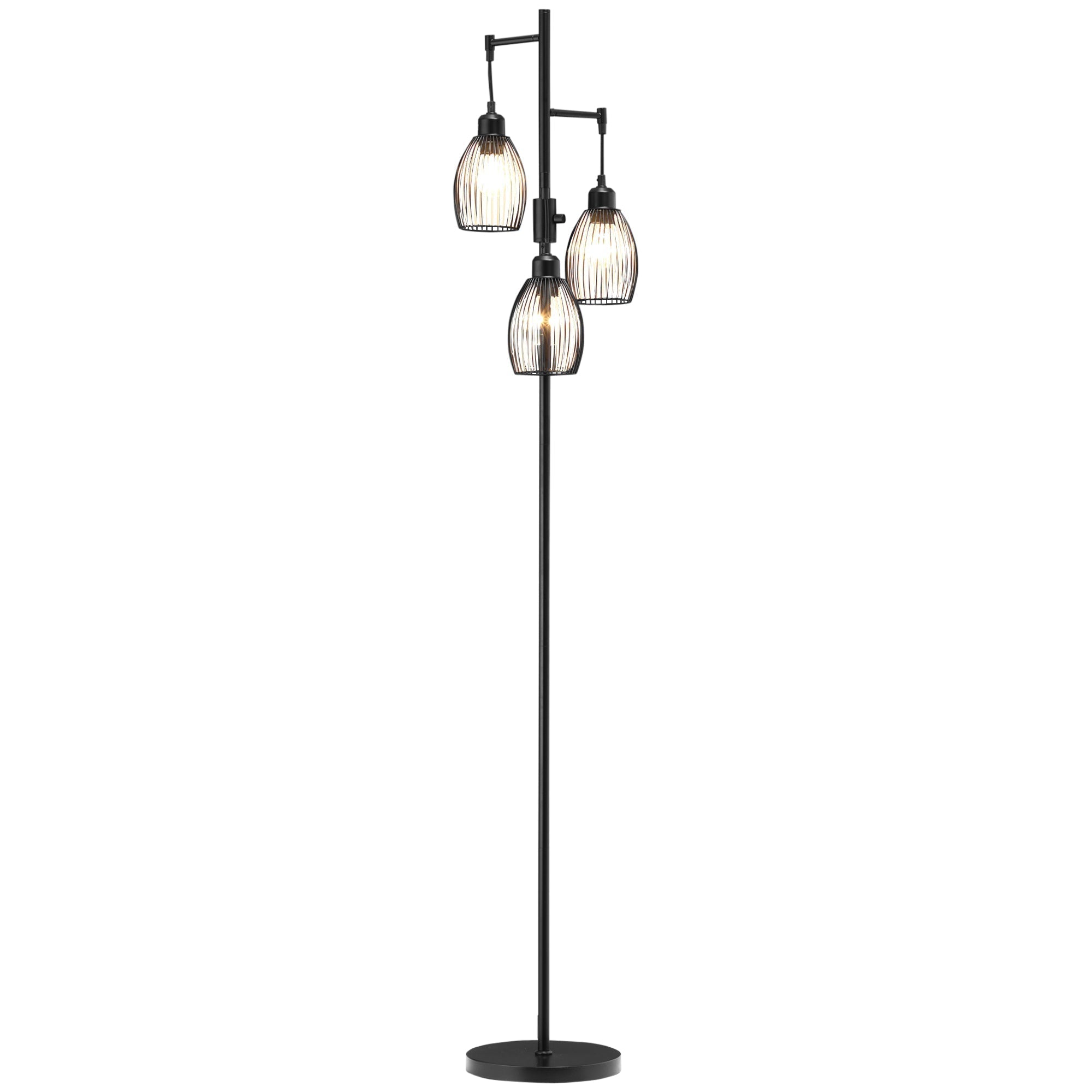 HOMCOM 3-Light Floor Lamp, 170cm Industrial Dimmable Standing Lamp with Steel Wire Cage Lampshades for Living Room, Bedroom, Dining Room, Study, Black