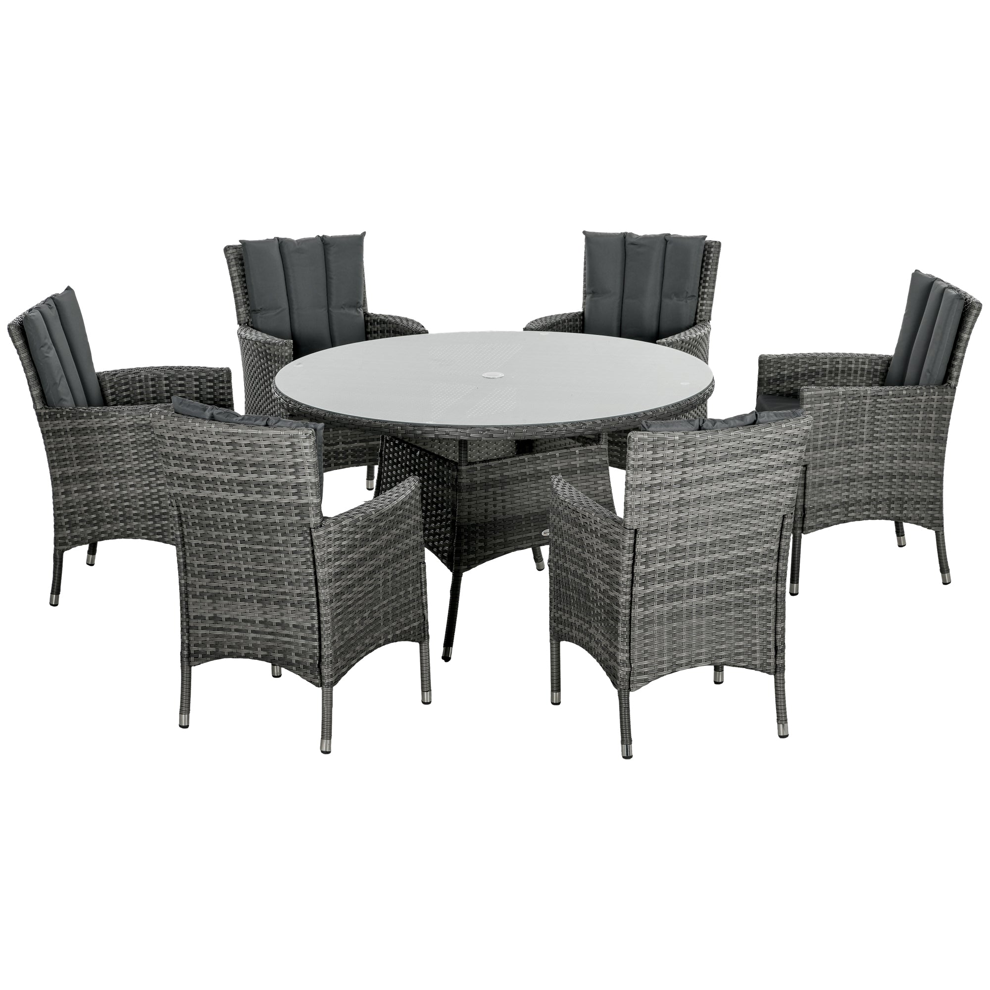 Outsunny Seven-Piece Rattan Dining Table, with Round Glass-Top Table - Mixed Grey