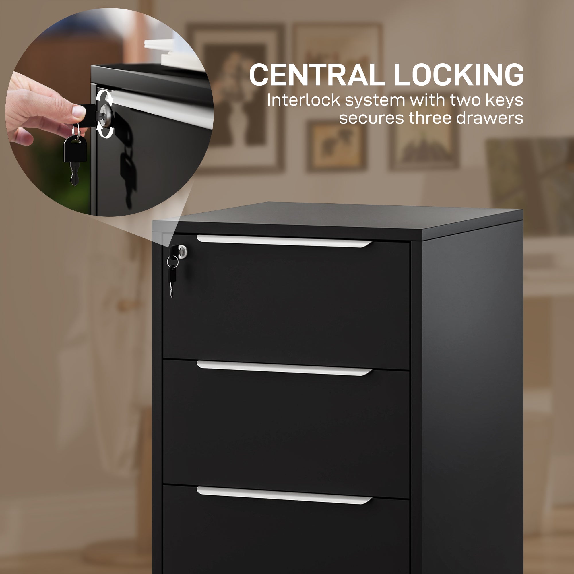 HOMCOM Three-Drawer Locking Filing Cabinet - Black
