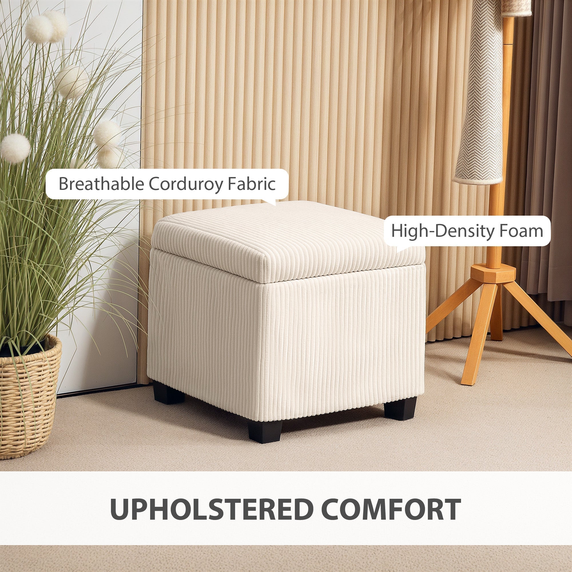 HOMCOM Storage Ottoman Bench, Corduroy Footstool with Removable Lid and Legs, 40cm Storage Chest Box for Living Room, Bedroom, Hallway, Beige