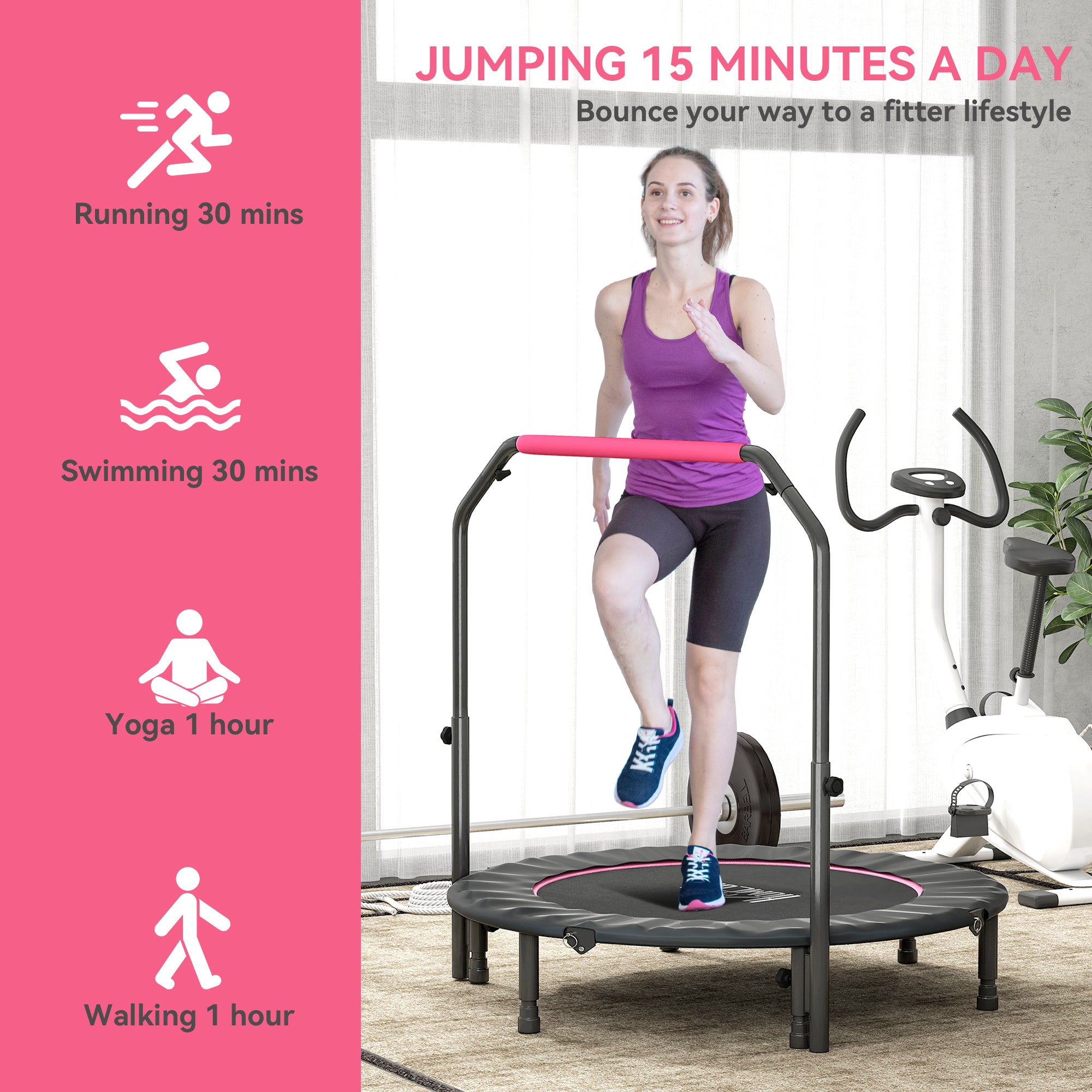 HOMCOM 48" Foldable Mini Fitness Trampoline, with Adjustable Foam Handle, Pink