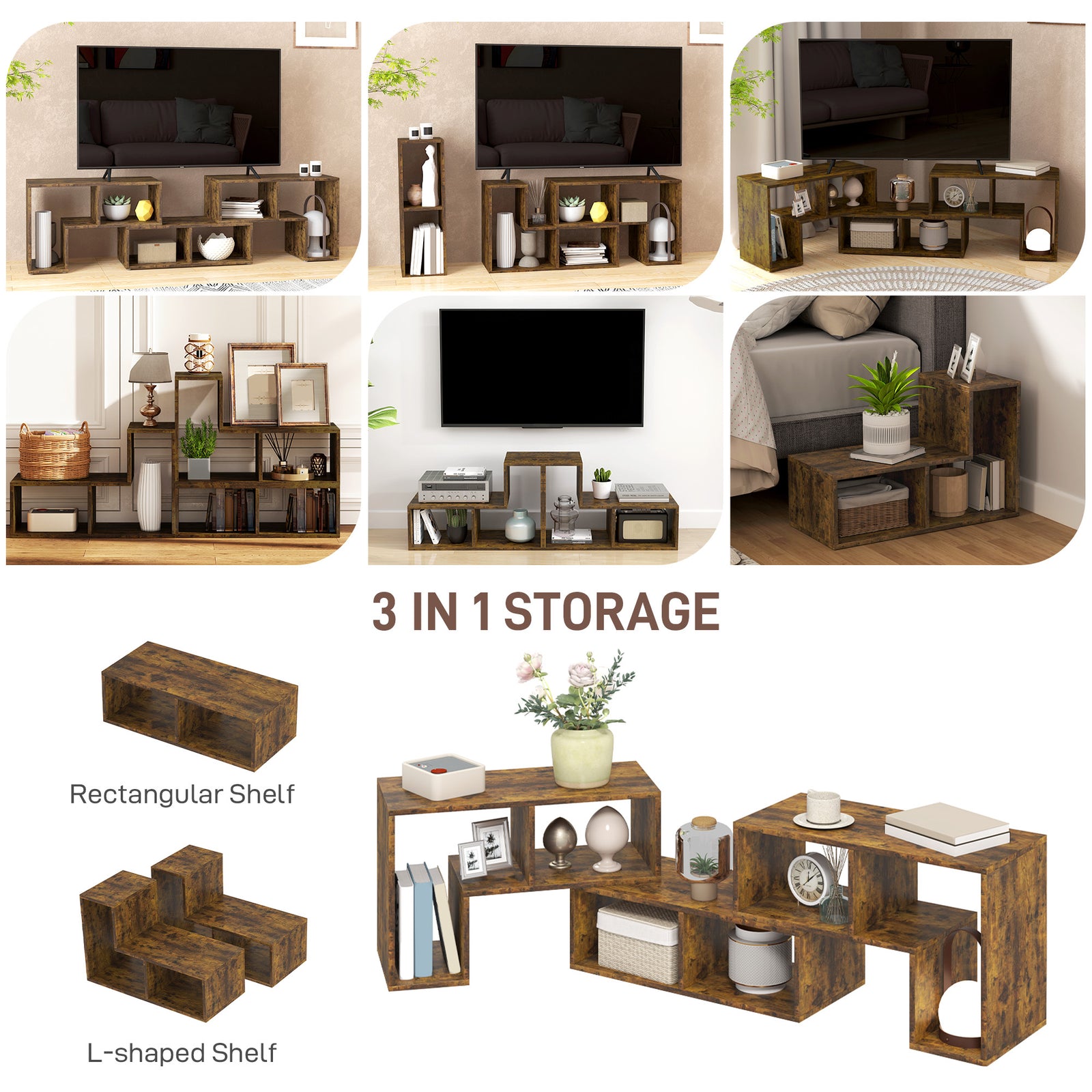 HOMCOM Three-Block Modular TV Stand - Rustic Brown