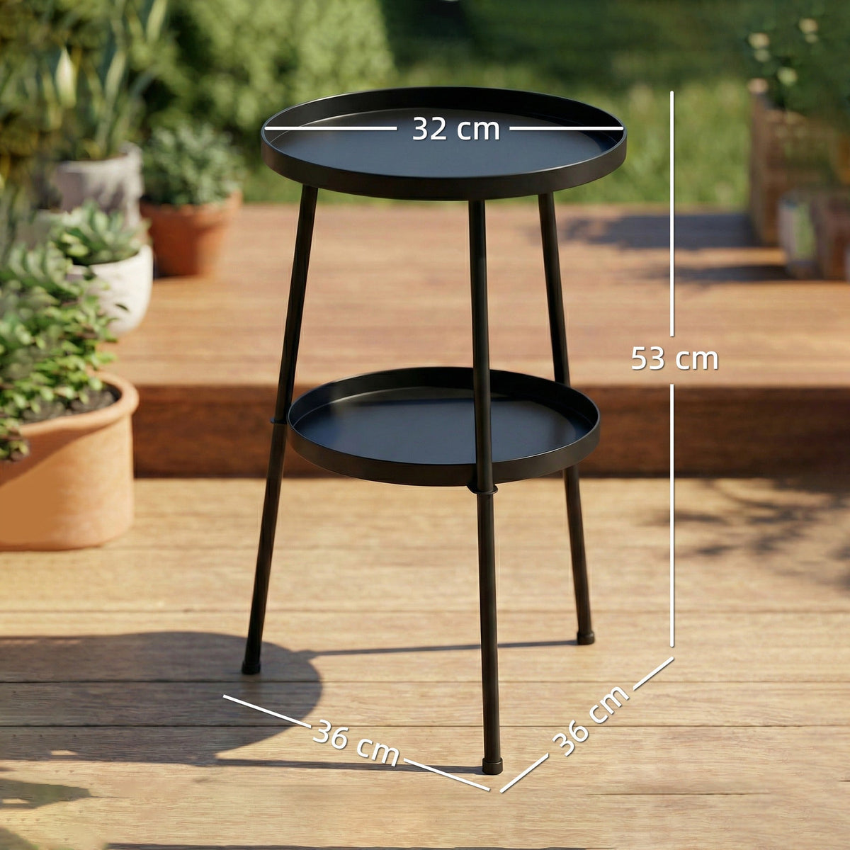 Outsunny Patio Side Table, 2-Tier Round Coffee End Table for Garden Balcony Living Room Bedroom, Black